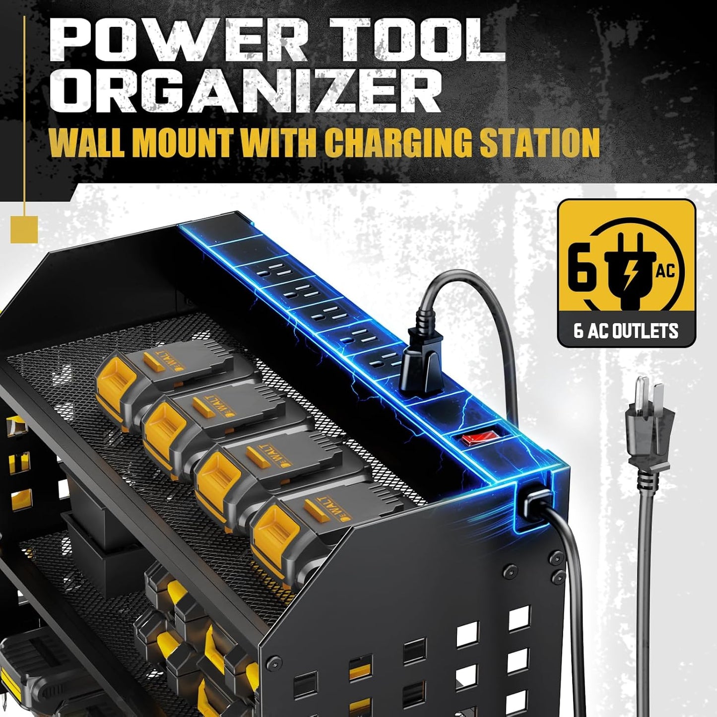 SPACECARE Power Tool Organizer with Charging Station 6 Outlets, 3-Layer Heavy Duty Wall Mount Drill Storage Rack, Cordless Tool with Utility Shelf, Garage Organization and Storage for Workshop- Black