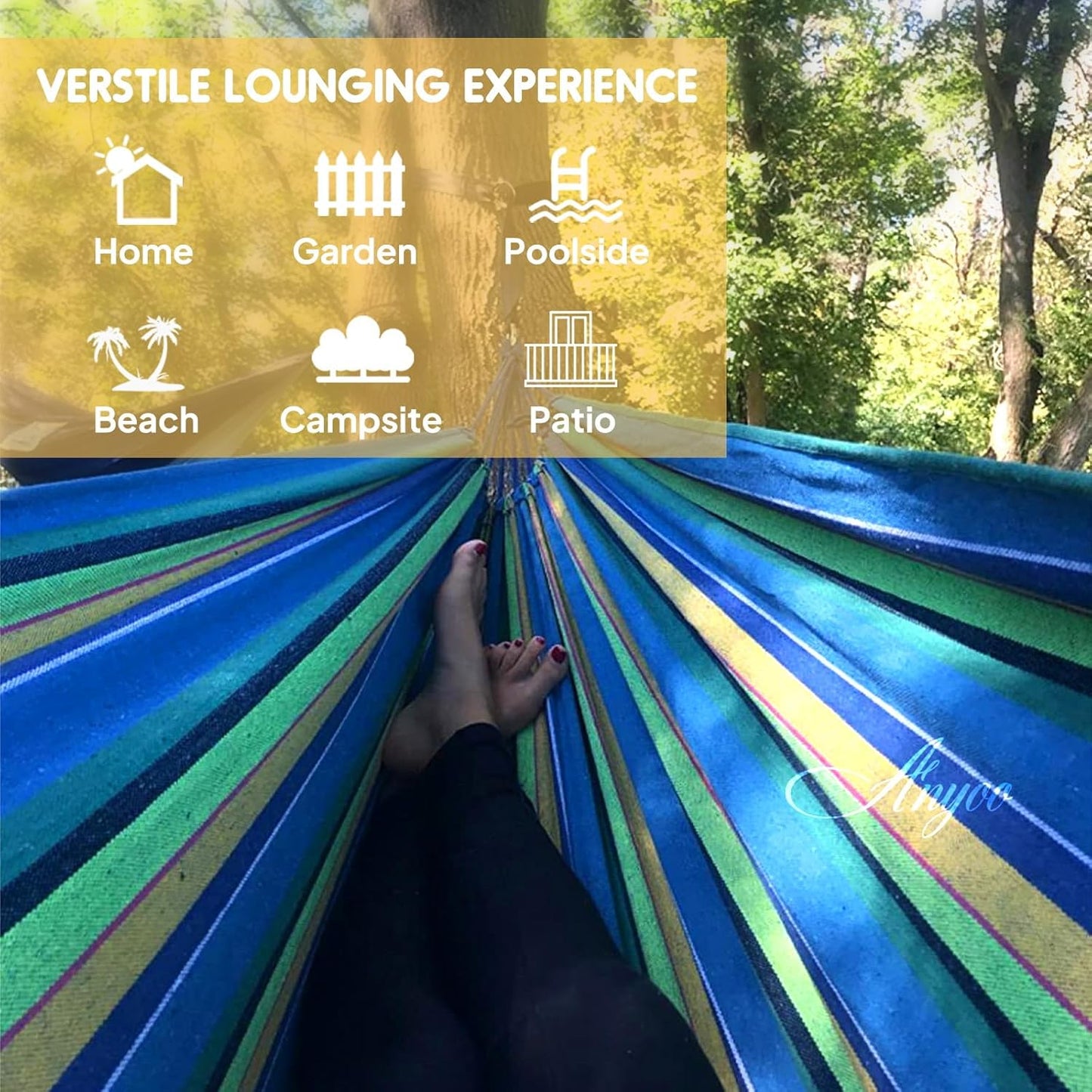 ANYOO Cotton Hammock Portable Camping Hammocks for Hanging Sturdy Garden Comfortable Fabric Hammock with Tree Straps Up to 660lbs with Travel Bag for Camping Outdoor/Indoor Patio Backyard
