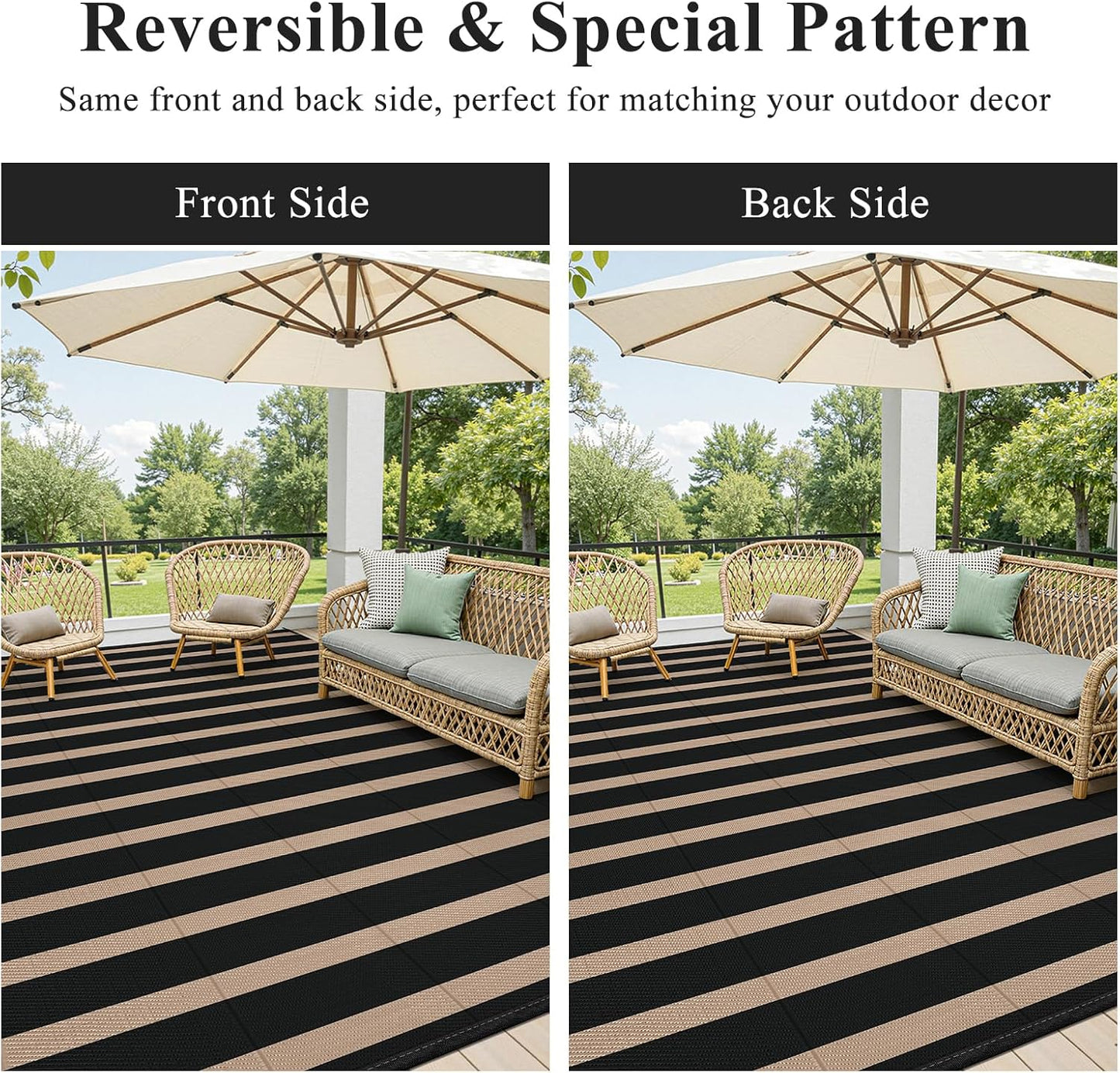 Vaukki Waterproof Outdoor Rug 8x10, Reversible Striped Patio Rug, Lightweight Plastic Straw Camping Mat, Indoor Outdoor RV Carpet for Outsides, Patio, Camping, Balcony, RV and Deck, Black and Beige