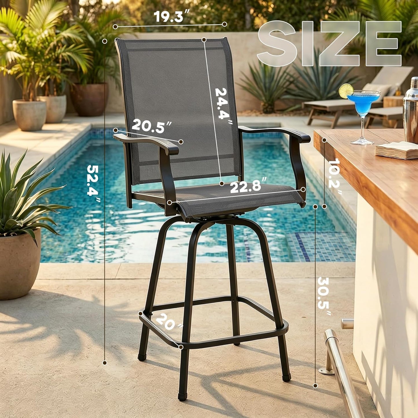 Oakcloud 4-Piece Patio Swivel Bar Stools, All-Weather Padded Textilene High Top Chairs, Swivel Outdoor Bar Height Furniture, Adjustable Feet for Lawn, Garden, Poolside (Grey)