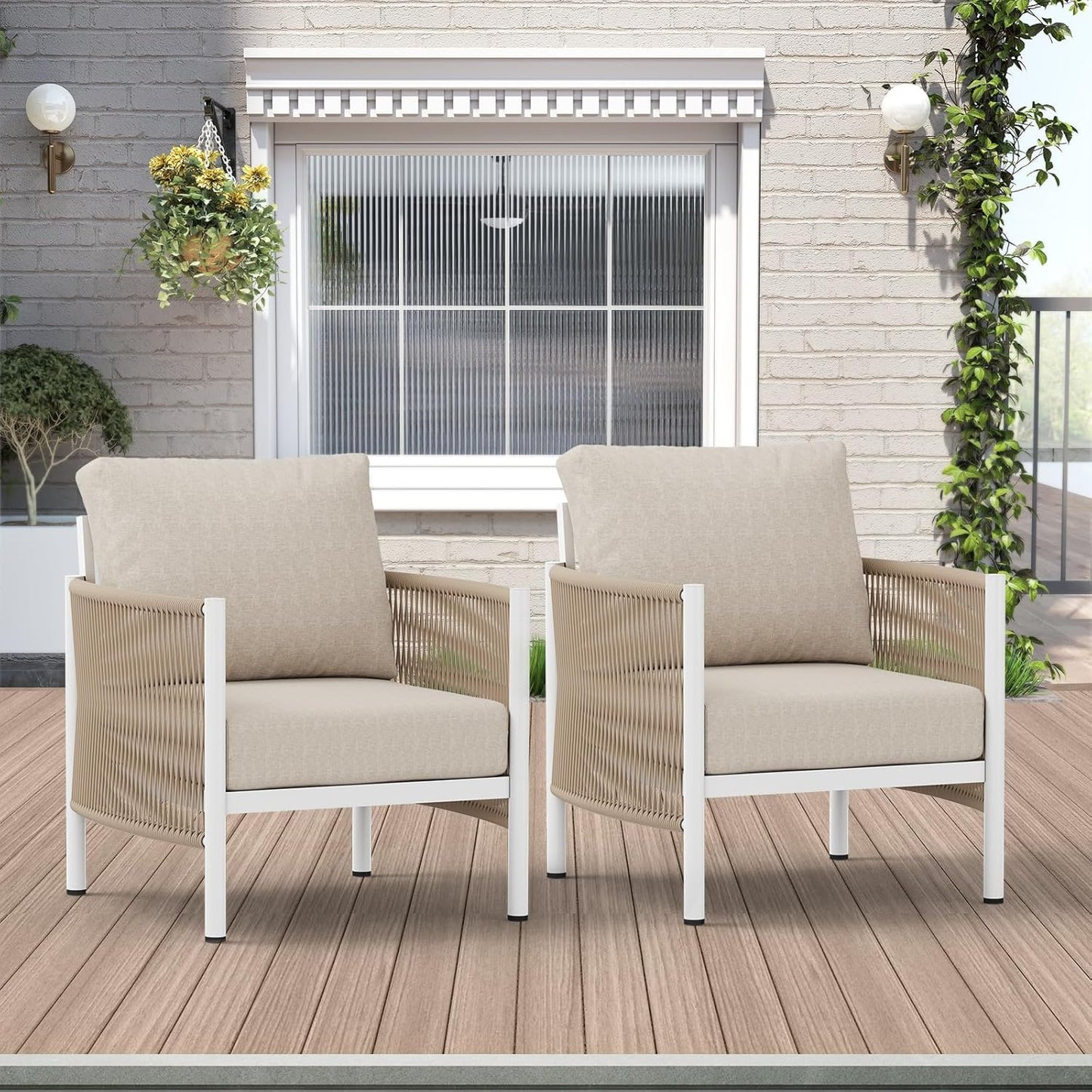 Aluminum Outdoor Sofa Armchair, HDPE Rope Patio Couch with Washable Thick Cushion, All-Weather Outdoor Patio Chairs Set of 2 for Balcony, Yard, Silver Frame, Beige