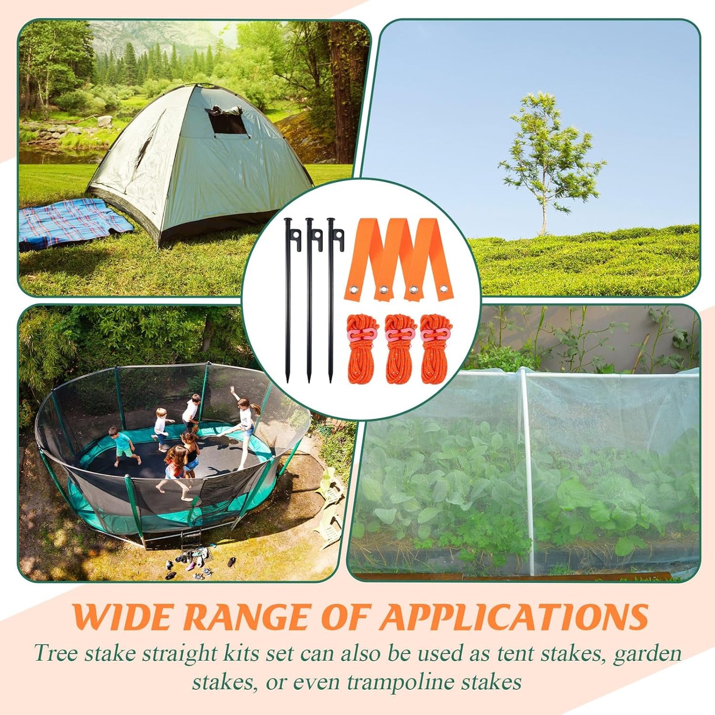 Suzile 48 Pcs Tree Stake Kit, Heavy Duty Tree Staking and Supports for Leaning Trees Include 11. 8'' Steel Stakes 15. 8'' Support Straps 13. 12 ft Rope for Anchoring Hurricane Protection (Orange)