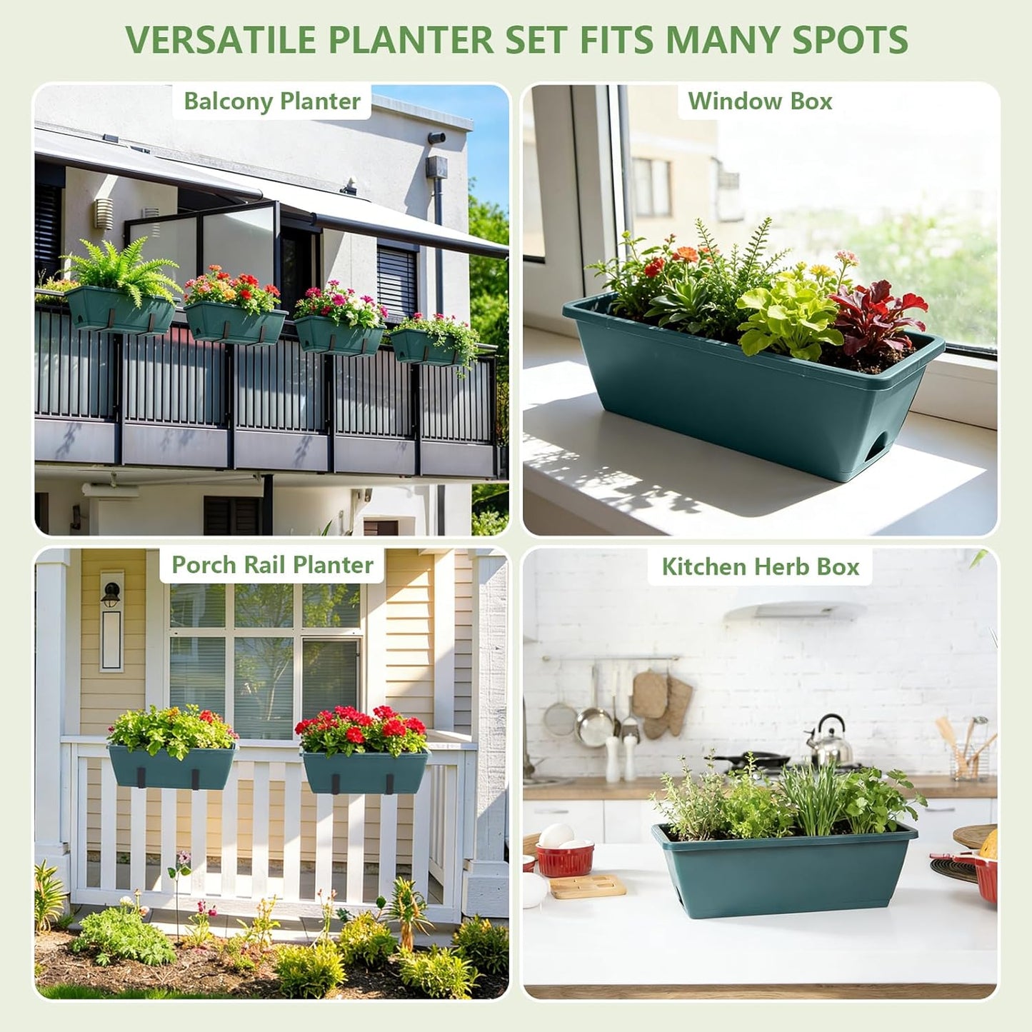 Railing Planter Box 4 Pack Deck Porch Railing Planters 17 inch Window Boxes Planters with Adjustable Brackets, Hanging Wall Planters for Plants, Fence Apartment Balcony Patio Over Rail Decor, Green