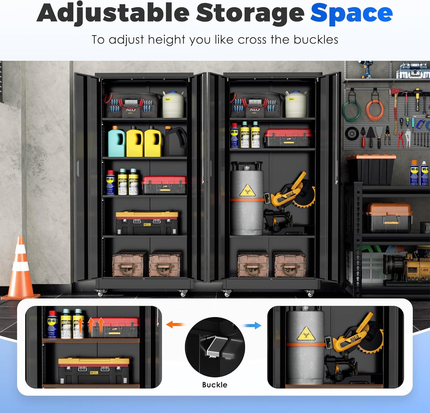 INTERGREAT Metal Storage Cabinet with Wheels, 73" Garage Storage Cabinets with Door and 4 Shelves, Tool Storage Locker on Caster for Home, Office, Black