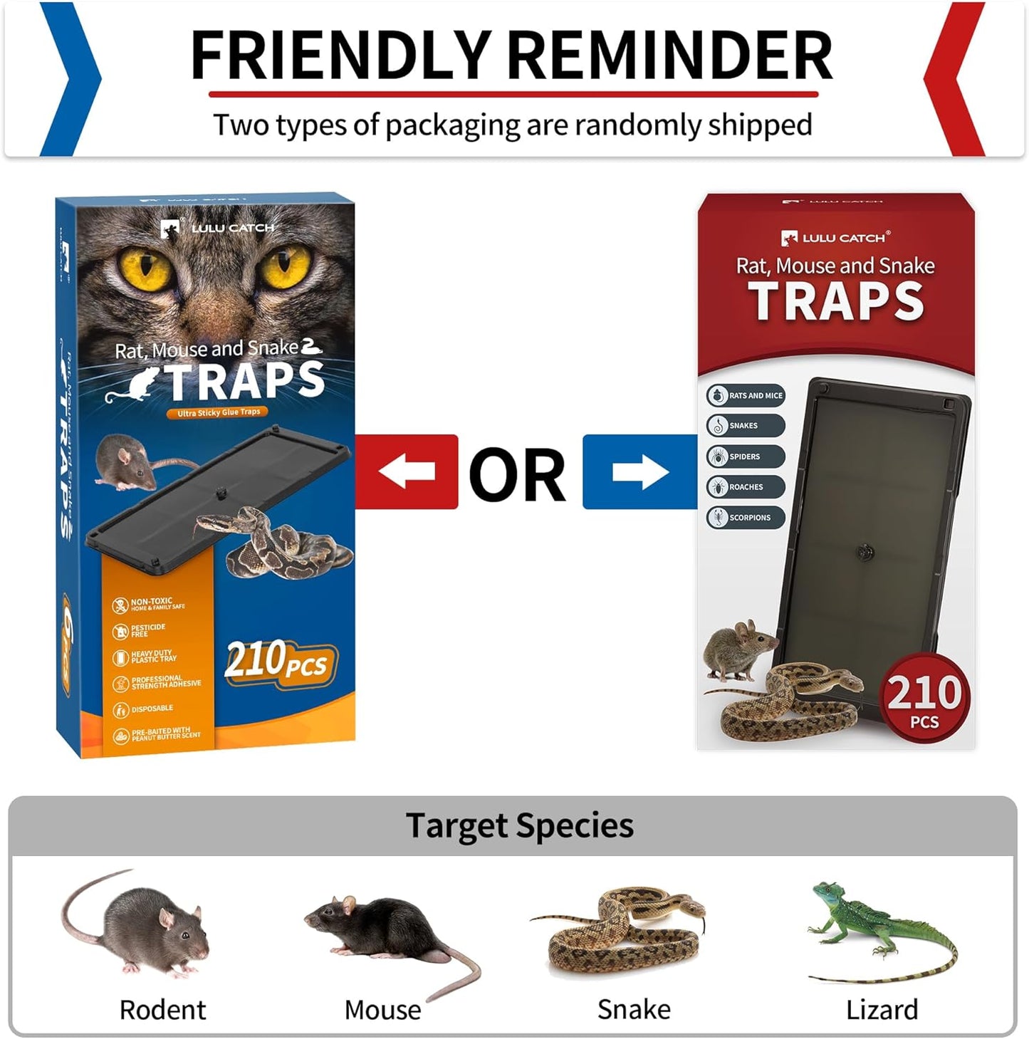 LULUCATCH Sticky Mouse Trap, 210 Pack Large Glue Traps, Pre-Baited Heavy Duty Non-Toxic Bulk Glue Boards Mouse Traps Indoor for Mice, Snakes, Rat, Insects, Cockroaches & Spiders, Pet Safe Easy to Use