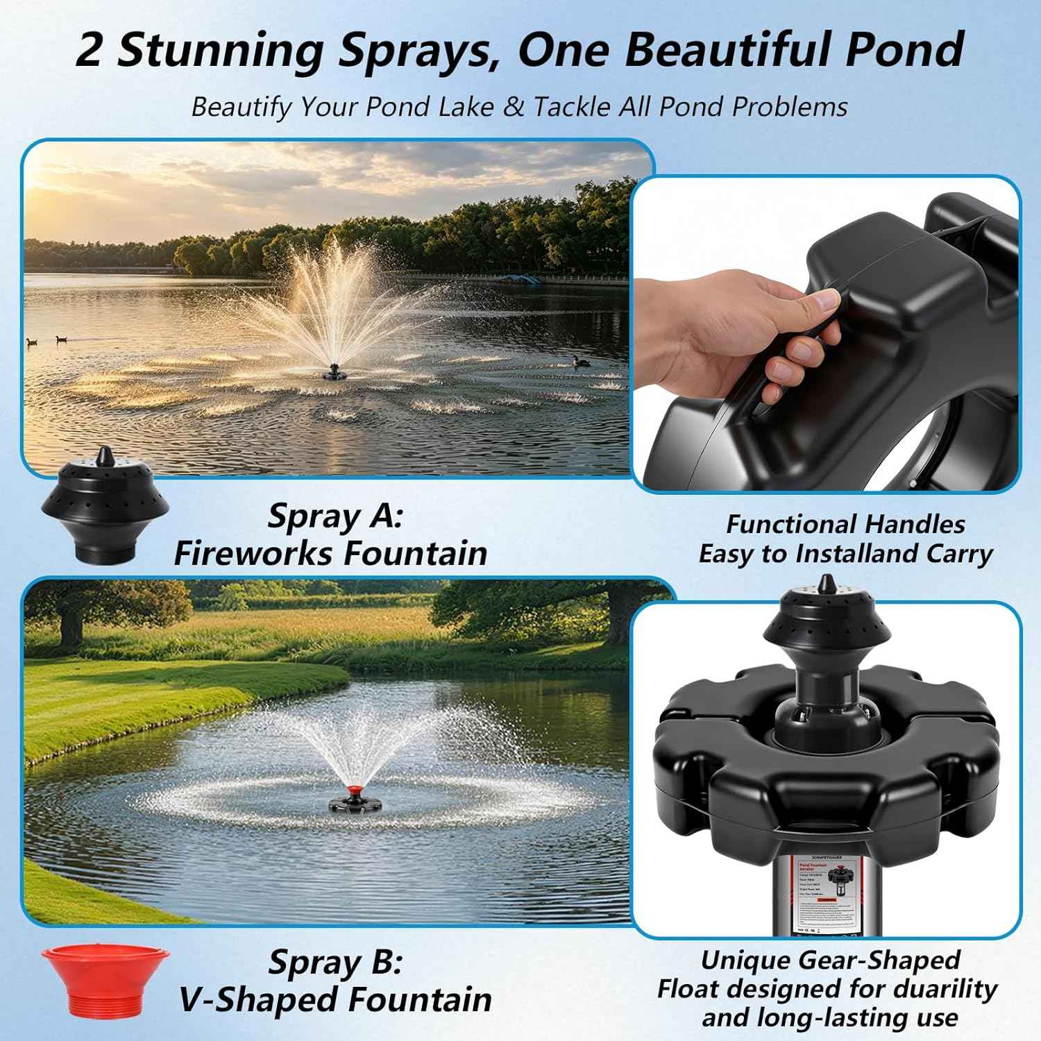 Pond Fountain Aerator, 1HP 110V 750W 15000 GPH Stainless Steel Fountain Pump with 2 Distinct Water Fountain, Fully Automatic Powerful Lake Floating Fountain, 100FT Power Cord, Rope, Timer