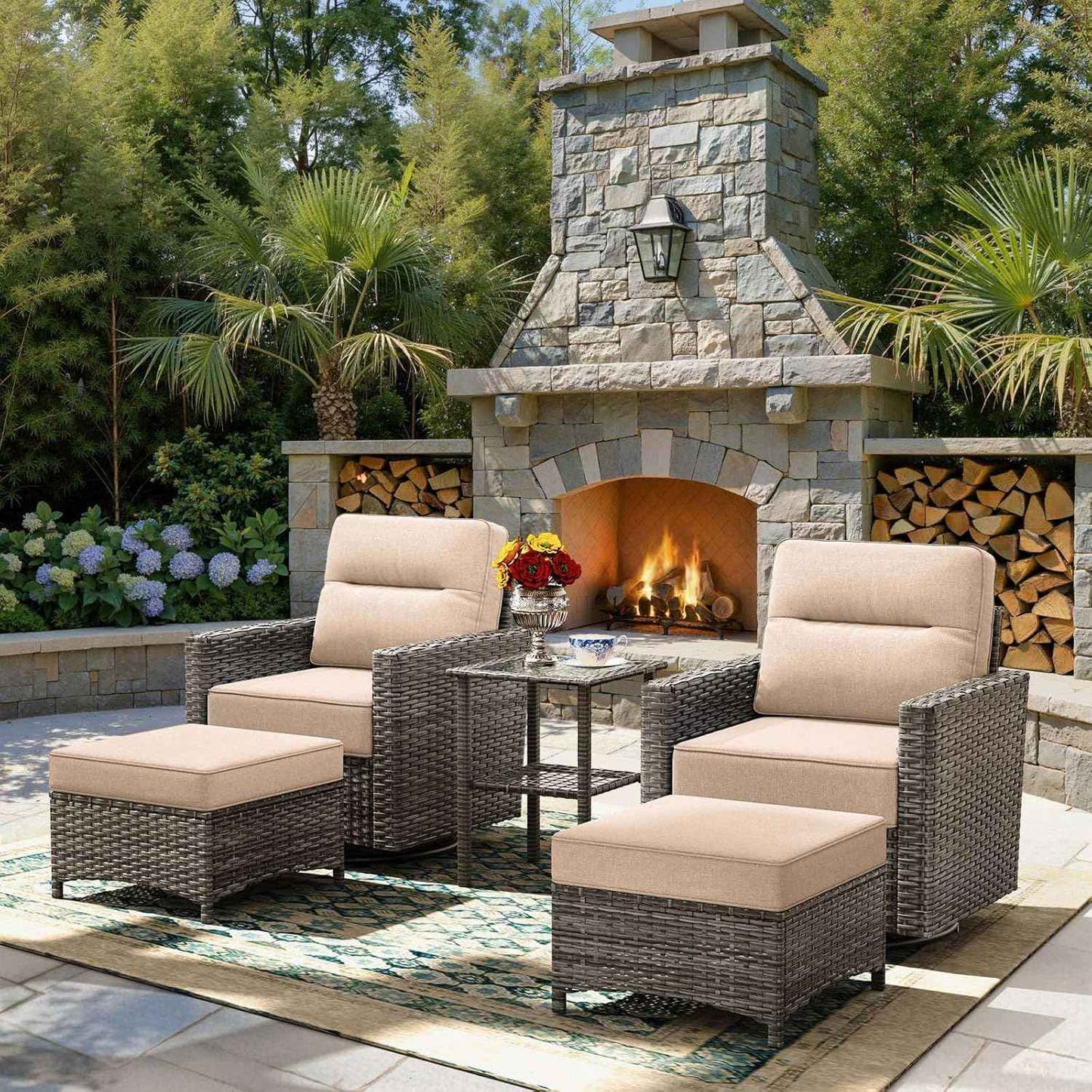 Luxury 5-Piece Patio Furniture Set with 6-Inch Thick Cushions, Outdoor Swivel Rocker Chairs Set, Wicker Conversation Set for Porch, Deck, Balcony, Yard in Beige