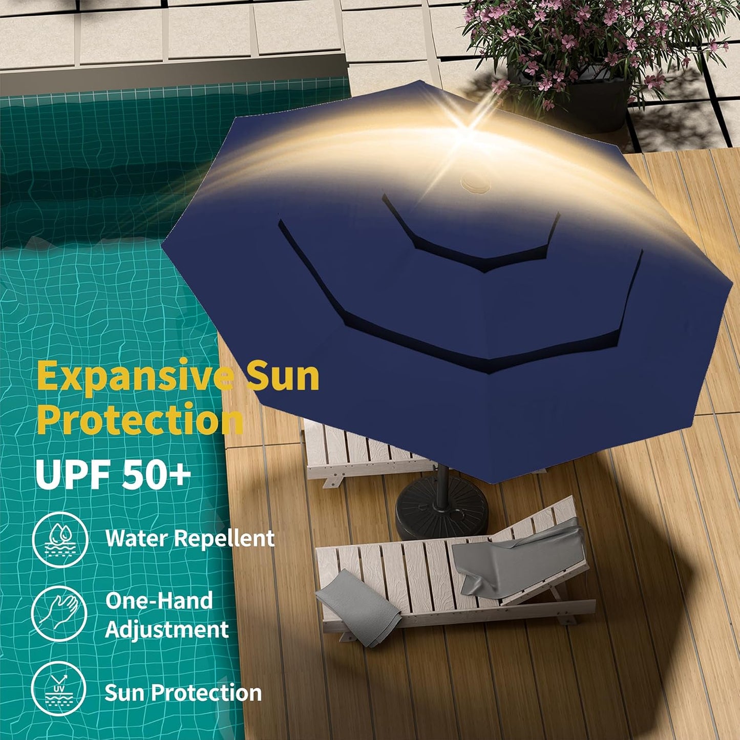 Kingdura 9ft 3-Tier Patio Umbrella with Solar Lights, Table Umbrella Outdoor Patio with Easy Crank & Tilt, 8 Sturdy Ribs, UV Protection, 32 LED Lights for Deck, Poolside, Market (Navy blue)