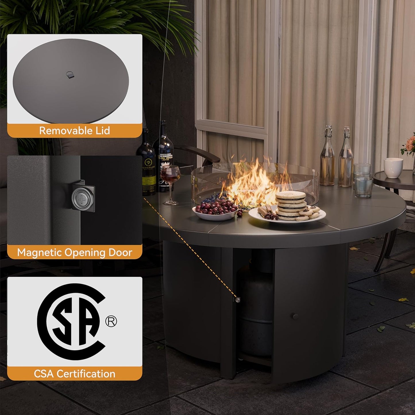 ALAULM 7-Piece Patio Furniture Set with 40,000 BTU Round Fire Pit Table, Outdoor Swivel Rocking Chairs Set, Wicker Patio Chairs with Side Table for Poolside, Deck, Backyard, and Garden—Grey