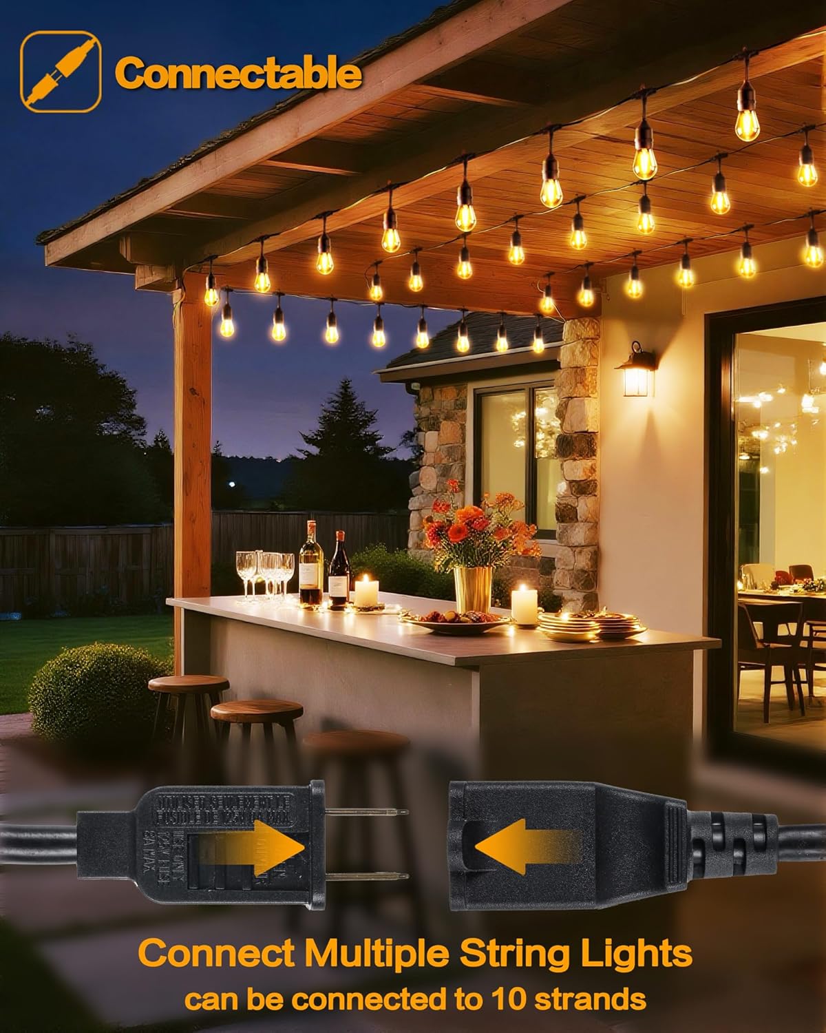 Outdoor String Lights, Super Bright LED - 48FT 15 S14 Bulbs (1 Spare), IP65 Waterproof, Commercial Grade & Shatterproof, Dimmable, UL Listed for Patio, Porch, Backyard, Gazebo