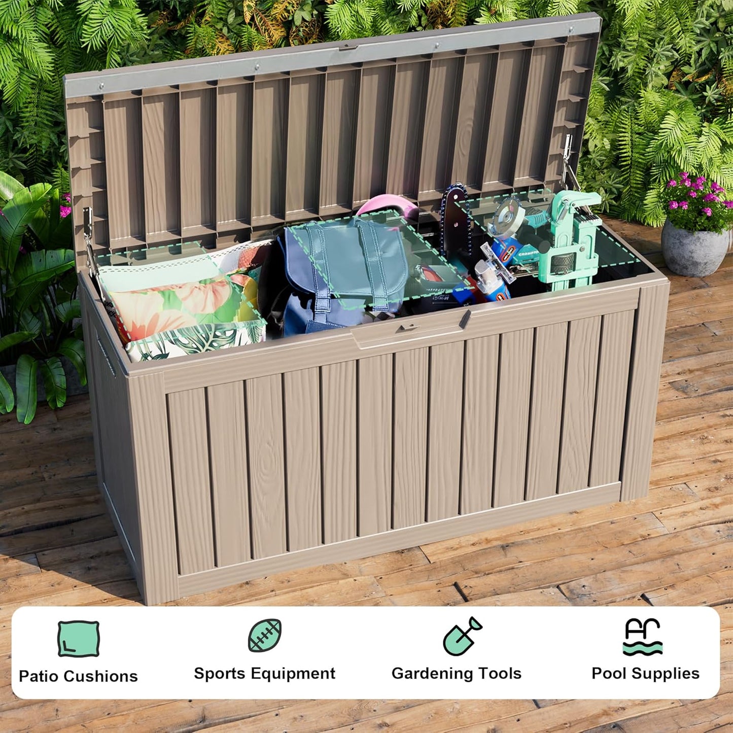 86 Gallon Outdoor Deck Box,Storage Lockable Waterproof Patio Furniture,Garden Tools,Cushions,Pool Accessories Outside Storage Resin Box(Grey)