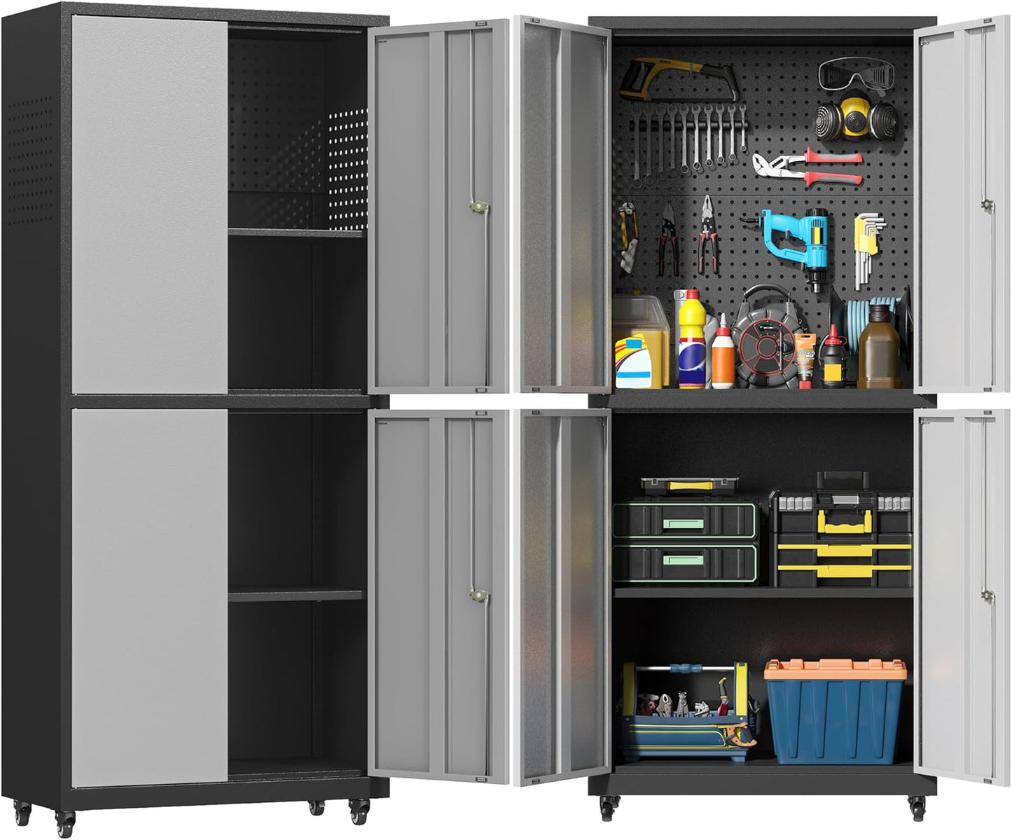 Rolling Garage Storage Cabinet with Wheels and Pegboard,Metal Storage Cabinet with Doors and Adjustable Shelves,Lockable Steel Tool Cabinet for Garage,Warehouse,Utility Room,Home,Office(Black Gray)