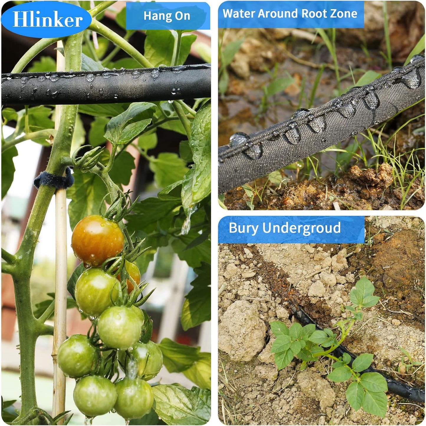Hlinker Flat Soaker Hose 50 FT for Garden Beds, 50Ft 1/2" Linkable Consistent Drip Irrigation Hose Save 80% Water, Leakproof Heavy Duty Double Layer Sprinkler Hose