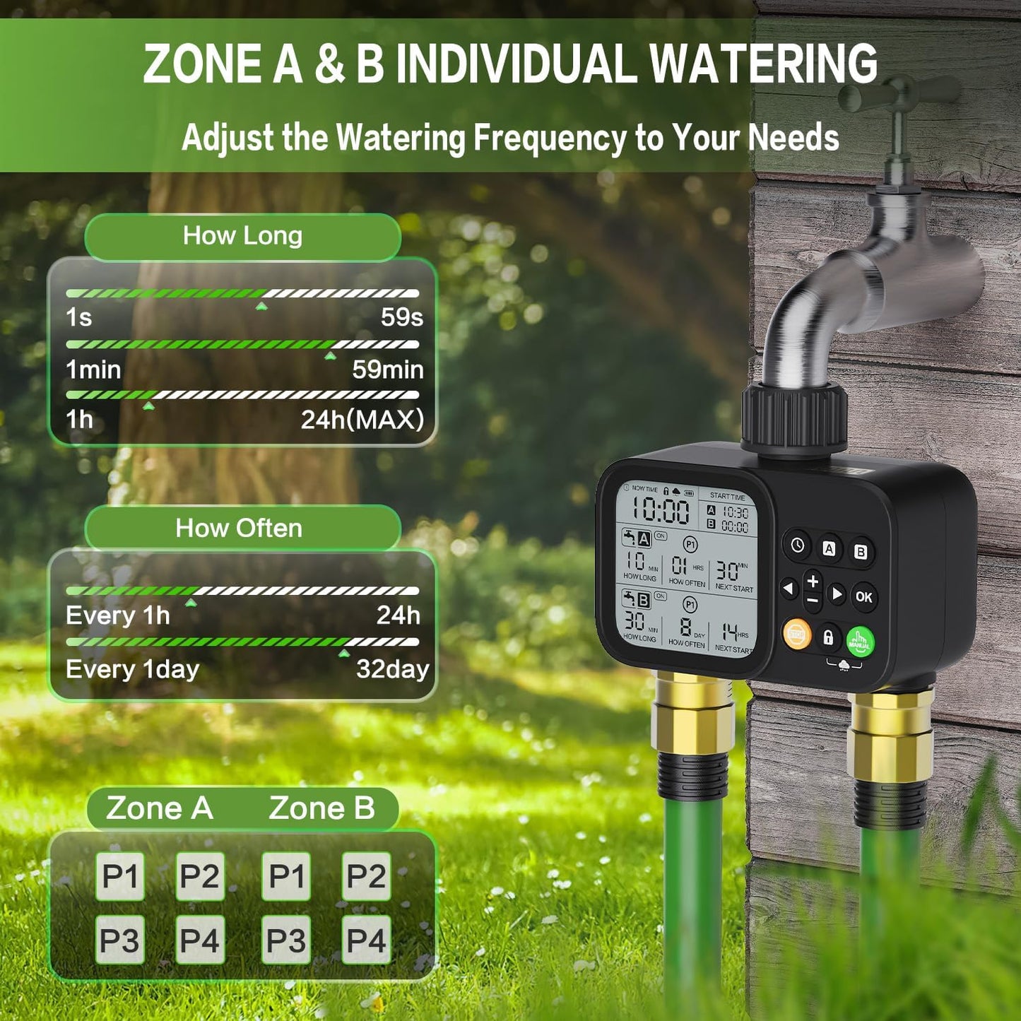 Sprinkler Timer 2 Outlets, Programmable Water Hose Timer with Rain Delay/Manual/Automatic Watering System, Outdoor Digital Automatic Irrigation for Garden Yard Lawn with Large Display(Black)