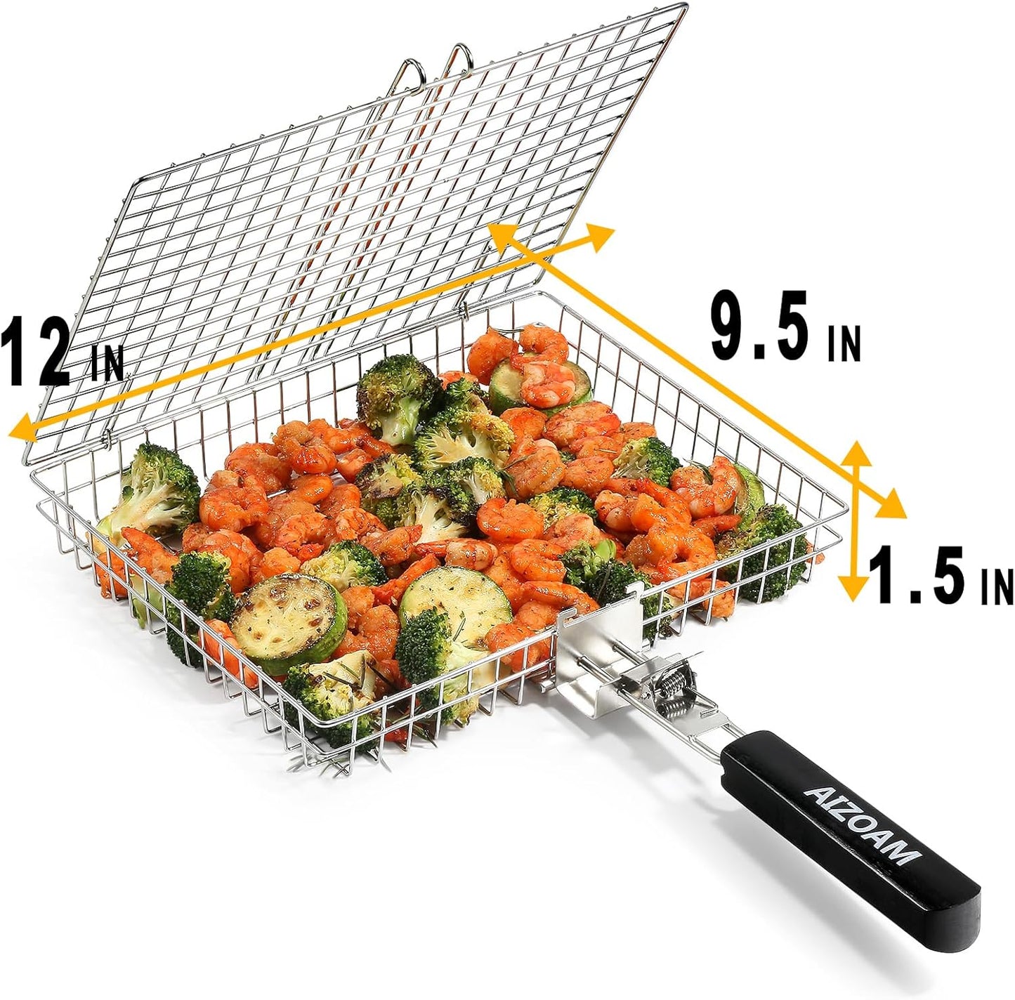 Grill Basket - Grill Baskets for Outdoor Grill, Stainless Steel Large Grilling Basket w Removable Handle, Portable Fish Grilling Rack for Grill Ideal Meat Fish Vegetables Grilling Accessories