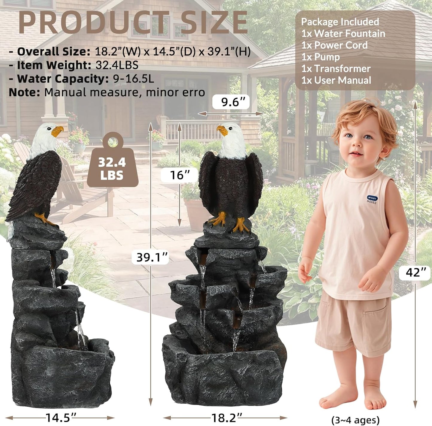 5 Tier Garden Fountain with Bald Eagle Statue, Outdoor Resin Water Feature with 4 LED Lights & Pump, Rock Cascading Waterfall Fountain for Patio Yard Porch Balcony and Home Art Decor