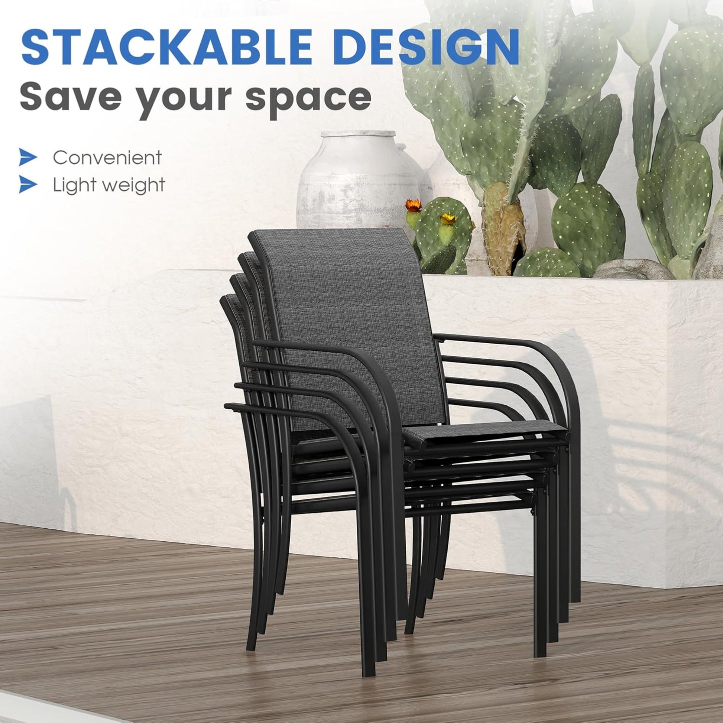 VICLLAX 5 Pieces Patio Dining Set, Outdoor Furniture Set Includes 41.2" Round Patio Table and 4 Patio Sling Chairs, Grey Wood-Like Tabletop and Dark Grey Fabric