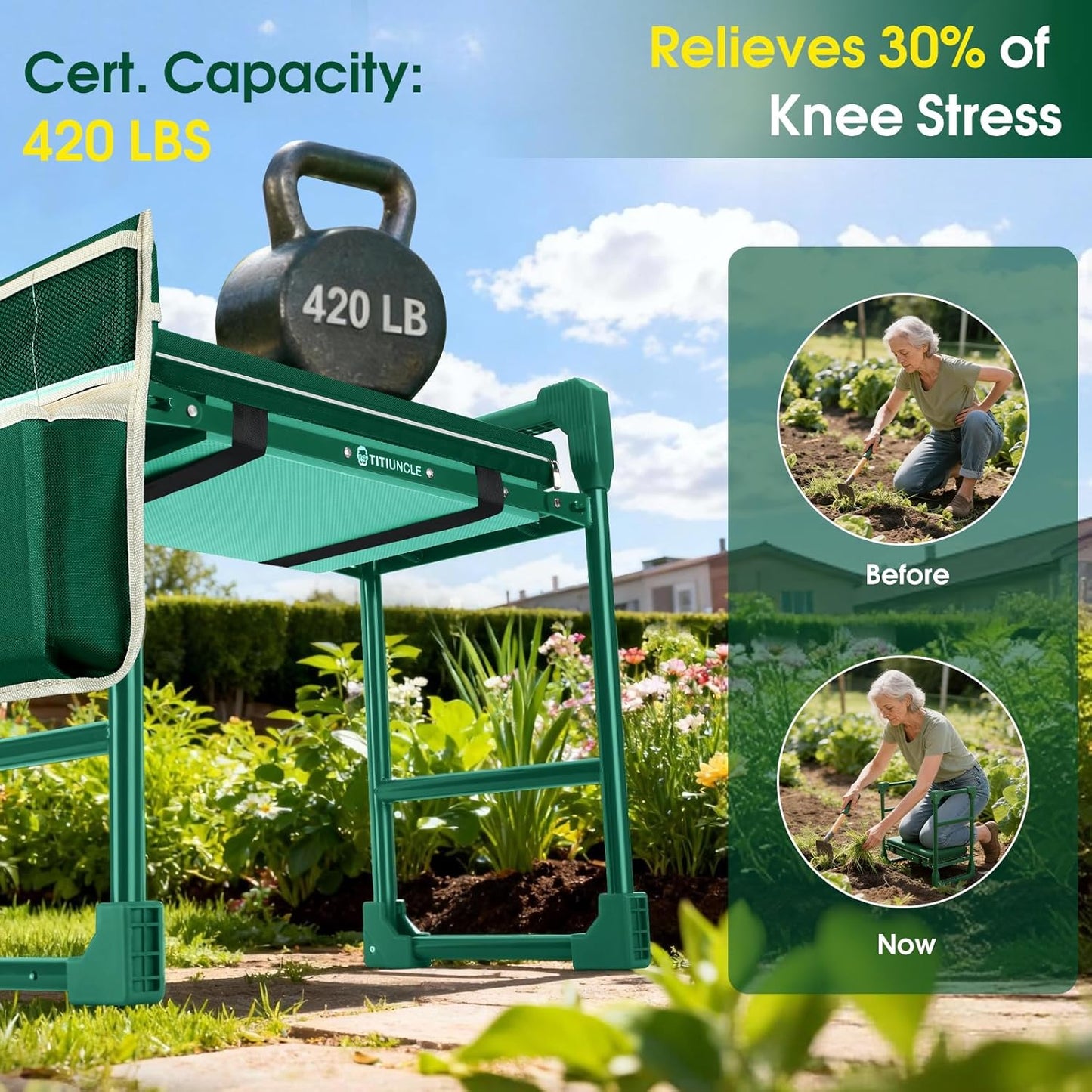 Garden Kneeler and Seat for Seniors: Heavy Duty 420 LBS Support Anti-Tip Multifunctional Gardening Stool Bench with Widened Thick Soft Kneeling Pad & Tool Bag - Foldable for Gardeners