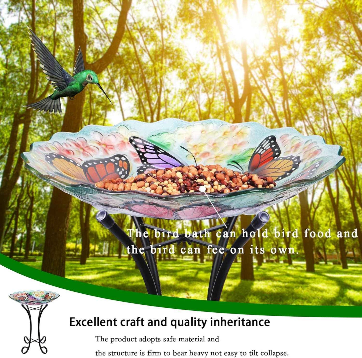 Glass Bird Bath Outdoor with Metal Stand for Lawn Yard Garden Decor Butterfly Bird Feeder