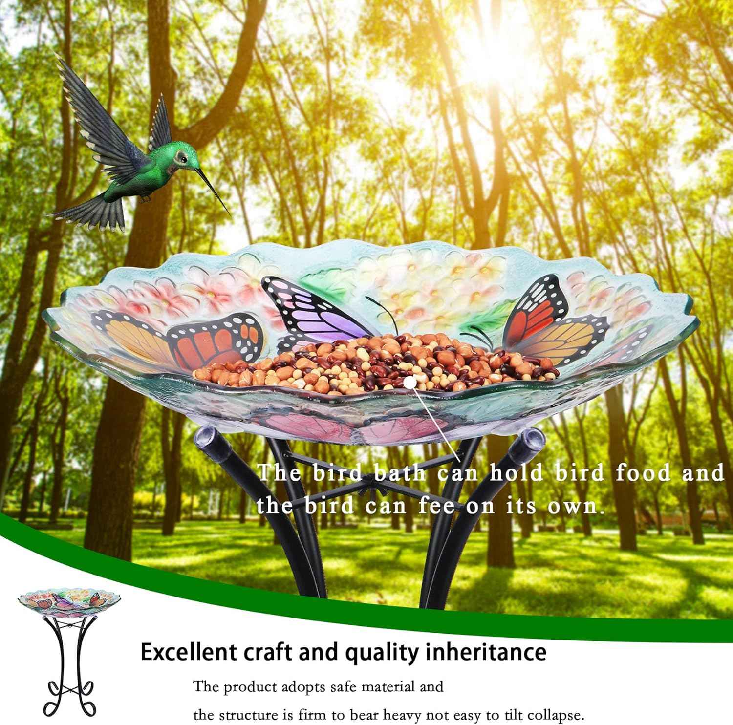 Glass Bird Bath Outdoor with Metal Stand for Lawn Yard Garden Decor Butterfly Bird Feeder