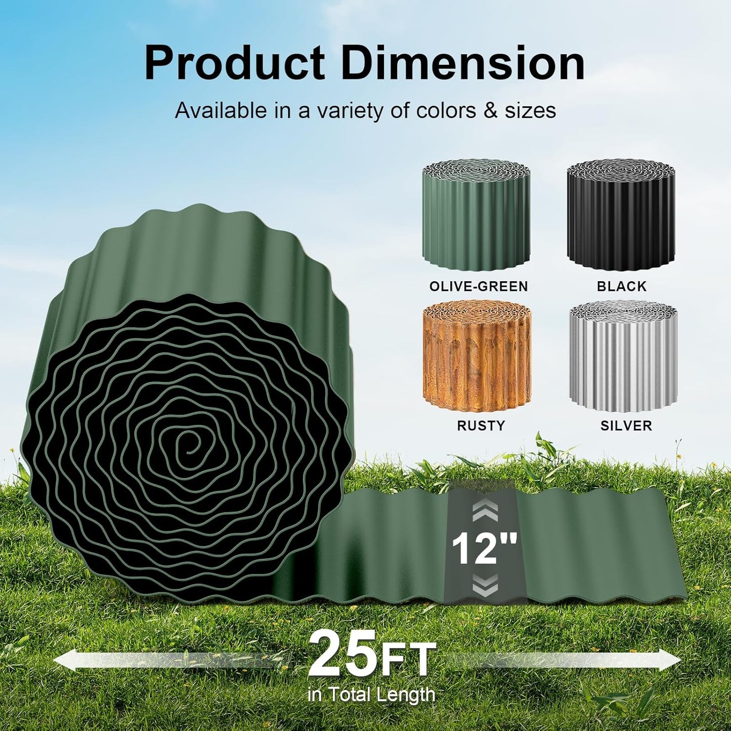 Land Guard Corrugated Metal Garden Edging, 12"×25Ft Steel Landscape Edging, Corrugated Metal Yard Edging Borders, Steel Edging for Landscaping, Garden Fence, Lawn, Flower Bed (Olive-Green)