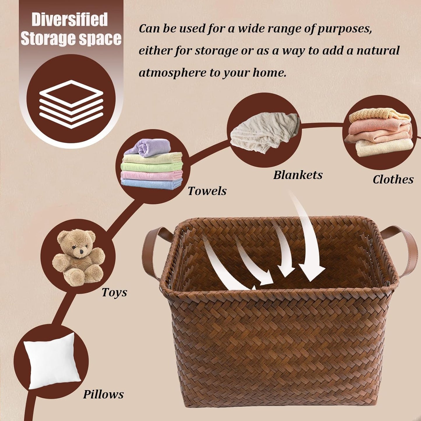 BROWNLILY Handwoven Clothes Basket Laundry Hampers Large Wicker Storage Baskets for Shelves Blankets Closet Storage Bins Car Bedroom Bathroom Organizers and Storage Bath (8, Brown)