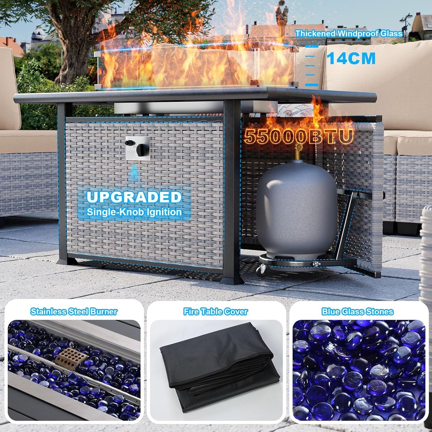 8-Piece Modern Patio Conversation Set with 55,000 BTU Fire Pit Table, Thick Cushions, Dual-Strand Wicker Rattan, Rust-Resistant Frame, Khaki