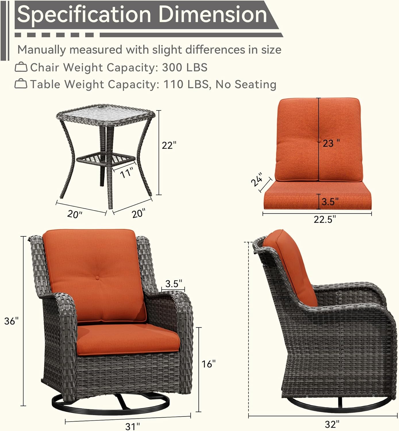 2 Pieces Outdoor Swivel Rocker Patio Chairs Set - Outdoor Wicker Patio Conversation Sets with 1 Side Table, Olefin Fabric Cushions Suitable for Backyard Deck and Porch, Orange