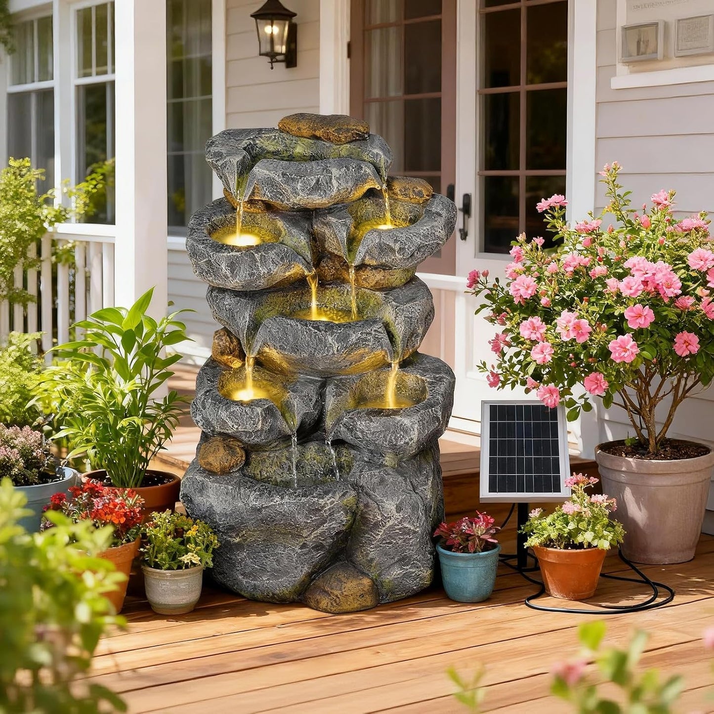 Solar Water Fountain Outdoor Garden, 24" H Cascading Stone Design 5 Tier Rock Feature Outdoor Fountains Waterfalls with Light, Pump Solar Panel for Patio, Deck, Porch, Backyard Home Décor