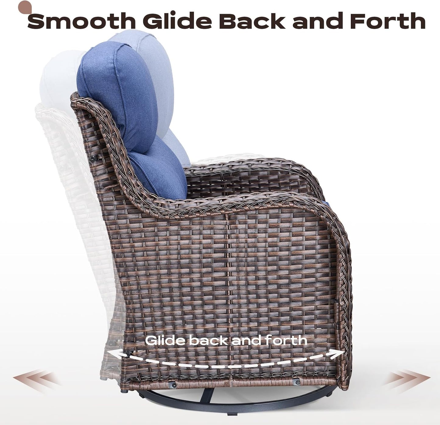 Wicker Outdoor Patio Furniture Set - 6 Piece Patio Conversation Sets with Swivel Rocker Chairs, Ottomans, Sofa and Side Table, 6 inch Cushions, Waterproof Wicker, for Porch Deck Brown/Blue