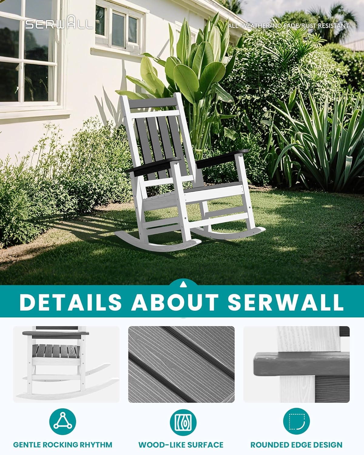 SERWALL Outdoor Rocking Chair Set of 2, HDPE Rocking Chairs for Adult, All Weather Porch Rockers for Lawn Garden, Gray & White