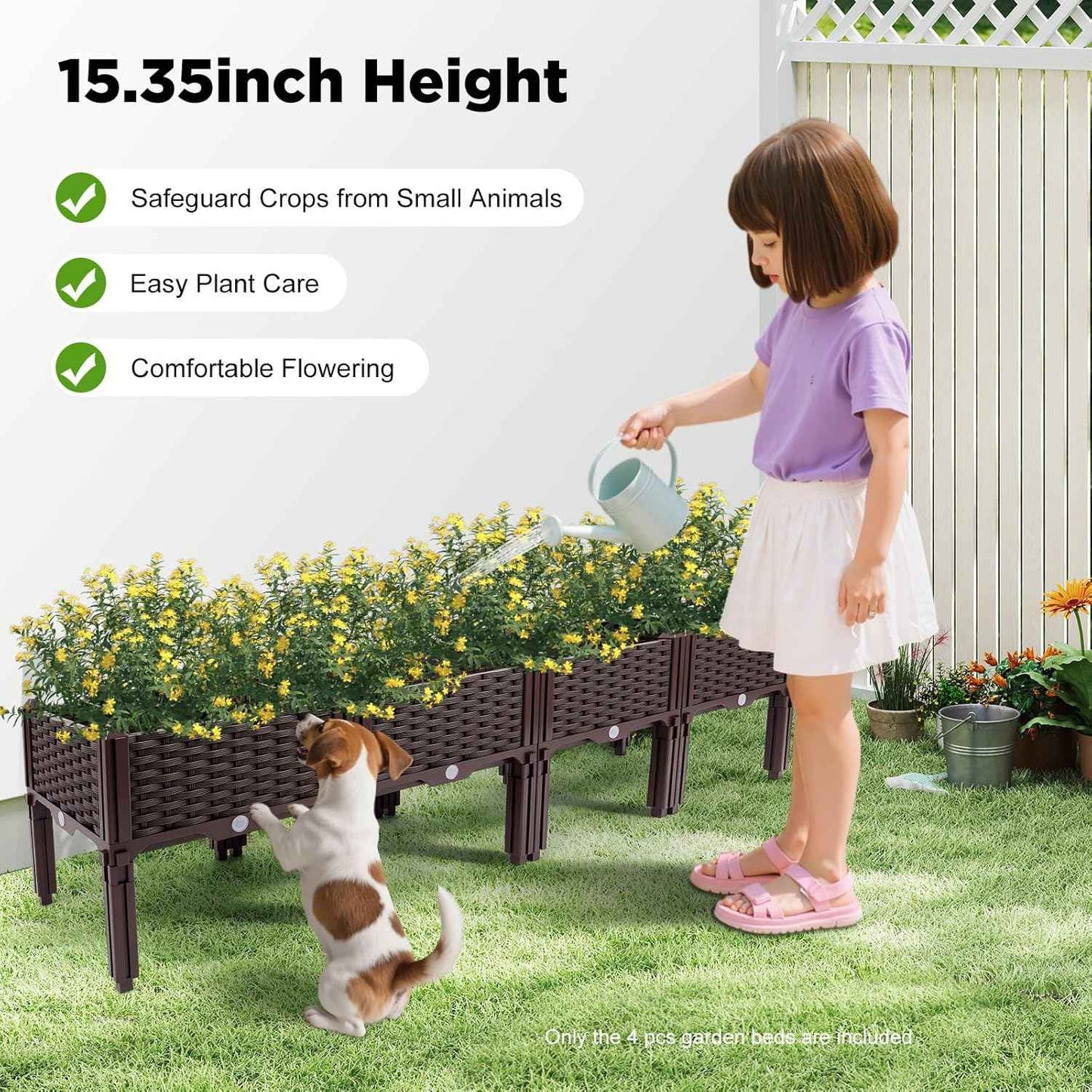 Raised Garden Bed, Elevated Planter Box Plastic Raised Beds with Legs & Drain Holes for Gardening Vegetables Herb Flowers Growing Outdoor, 4 Boxes Brown