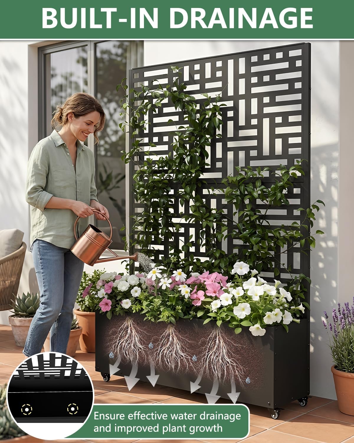 Metal Planter Box with Trellis,70.9"x47.2"x15.7" Raised Garden Bed with Drainage Holes, Privacy Planters for Outdoor Garden Bed for Climbing Plants,Vegetables,and Vines,Black-Modular