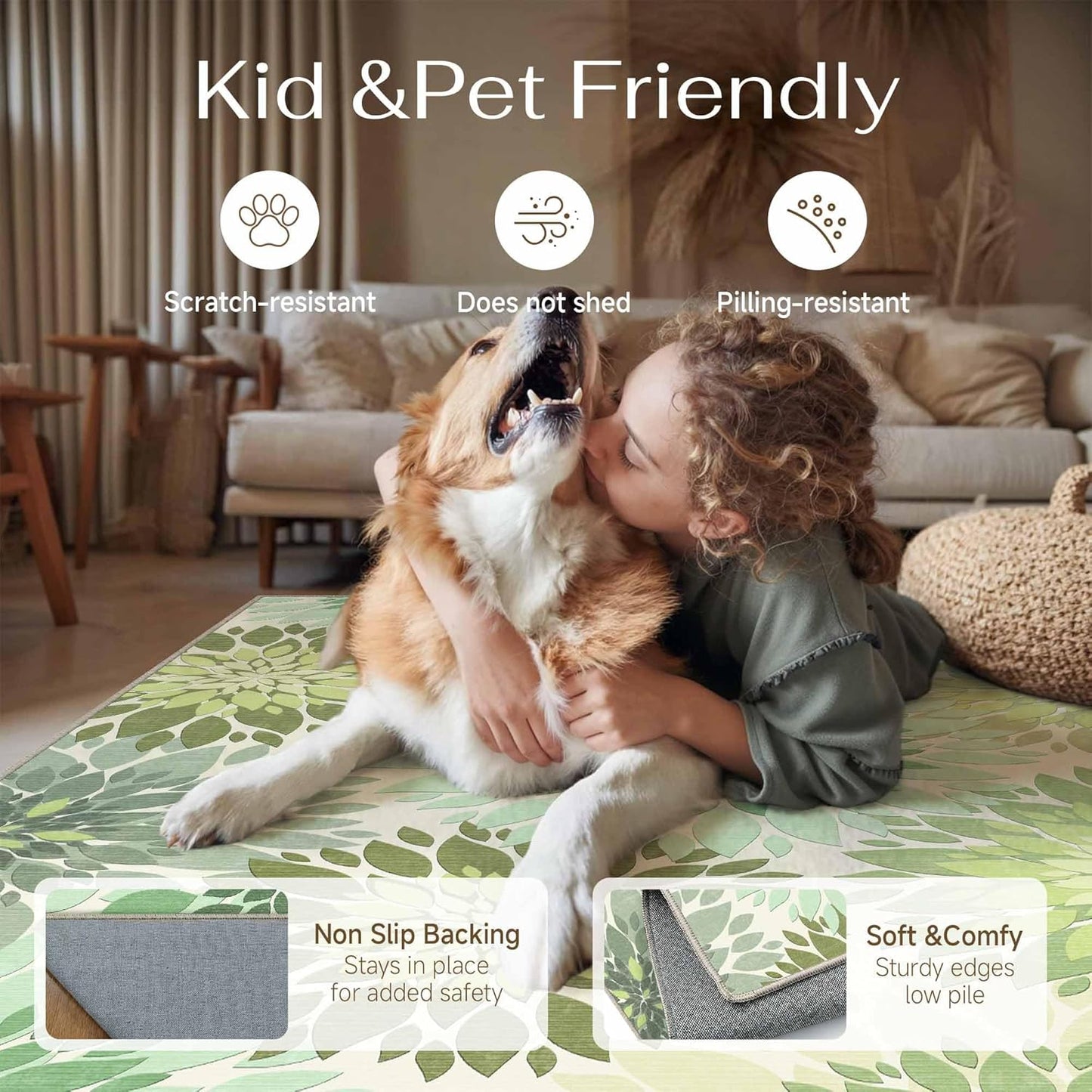 5x8 Indoor Outdoor Area Rug Washable Patio Rug Green Non Slip Non Shedding Waterproof Carpet for Living Room Bedroom Backyard Porch Camping RV Balcony Poolside