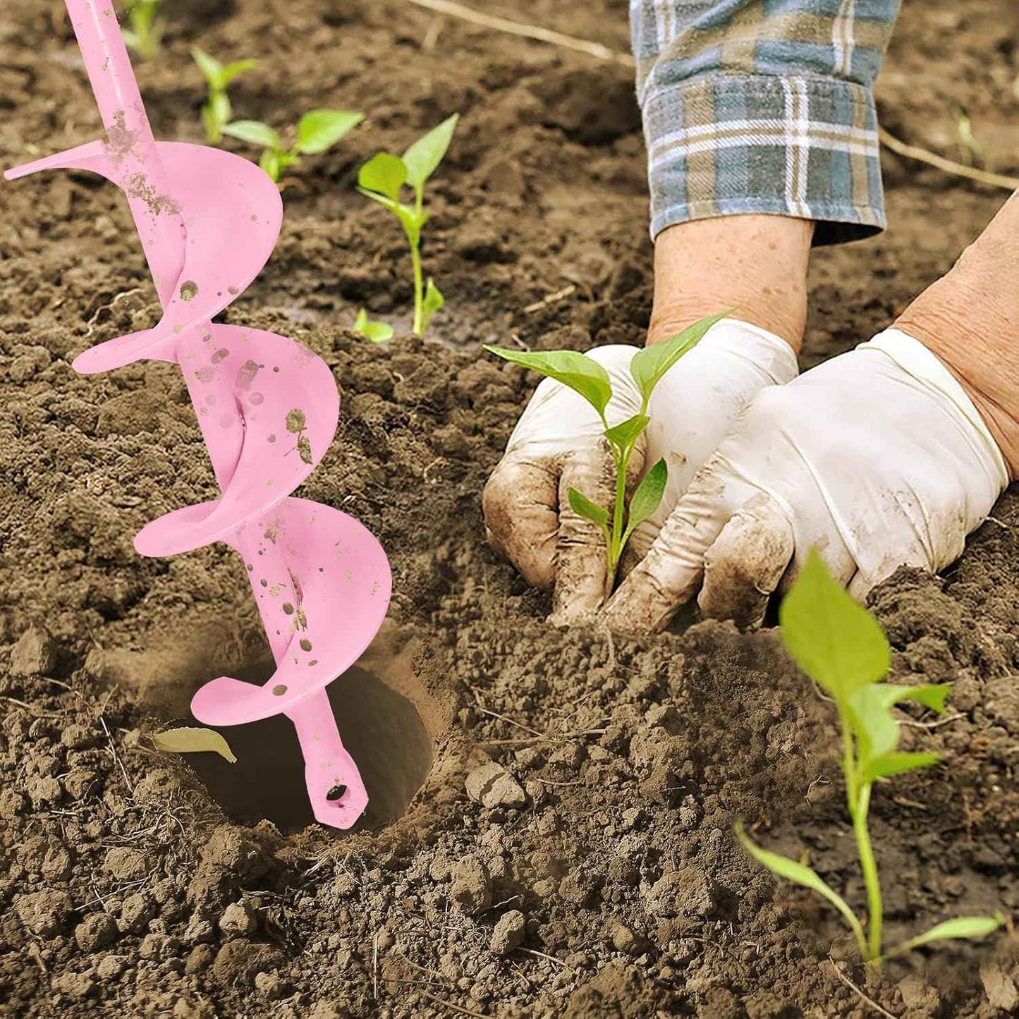 Auger Drill Bit for Planting 2 x 14.5 Inch, Garden Spiral Bit for 3/8" Hex Drive, Earth Post Hole Digger Bulb Planter Drill Auger for Planting Bedding Rapid Digging, Pretty Pink