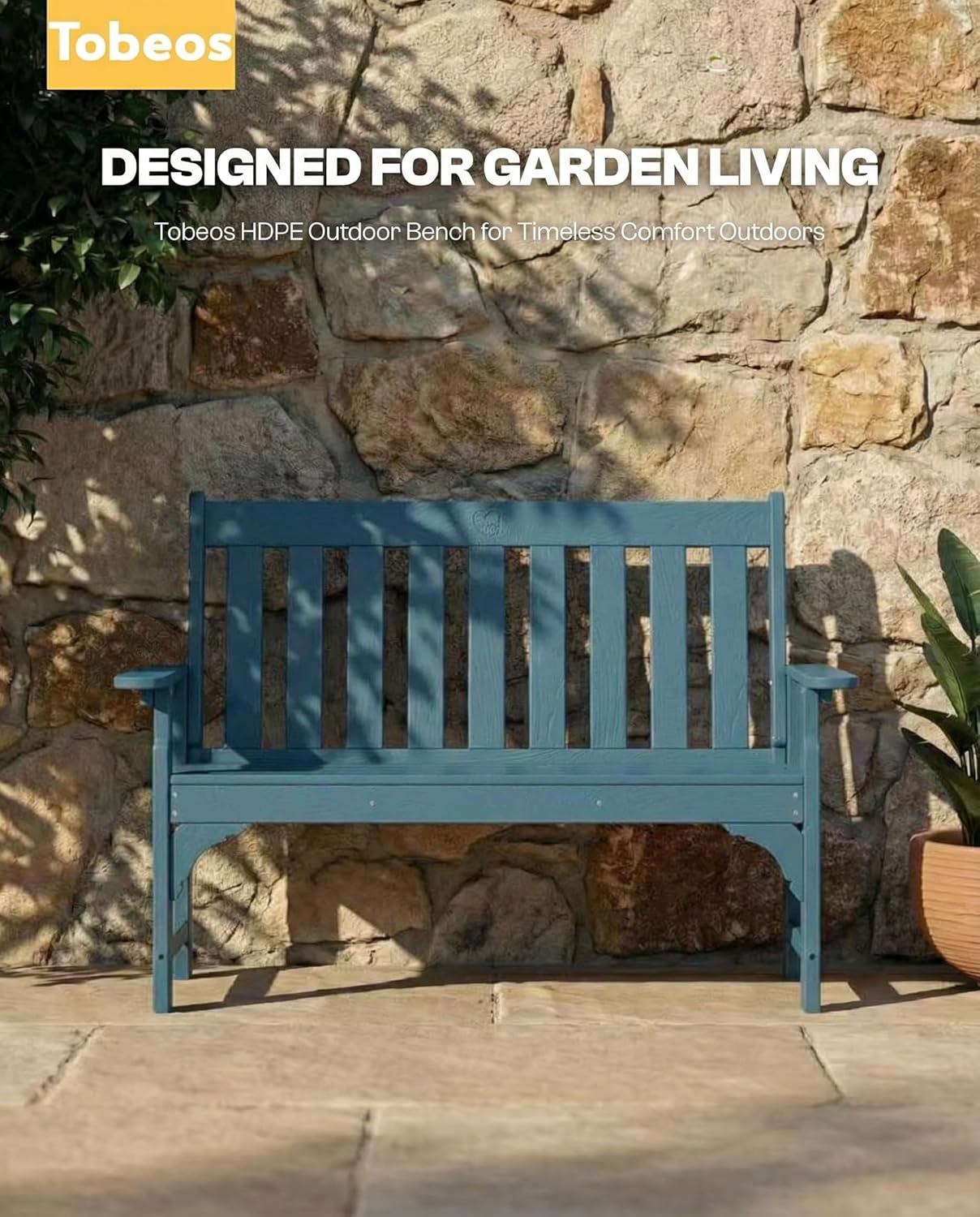 2-Person Outdoor Garden Bench, HDPE All-Weather Patio Bench with Backrest & Armrests, Heavy Duty Outdoor Seating for Porch, Backyard & Park, 660 lbs (Navy Blue, 1 Bench)