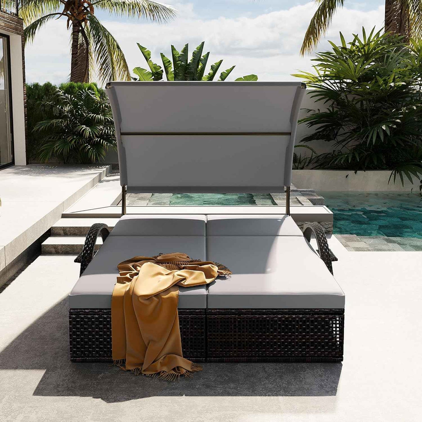 Mirightone 2-Person Outdoor Chaise Lounge Daybed with Canopy, Steel Frame Patio Sunbed with Adjustable Backrest, Hidden Side Table and Arched Armrests, for Poolside, Deck, Garden, Gray