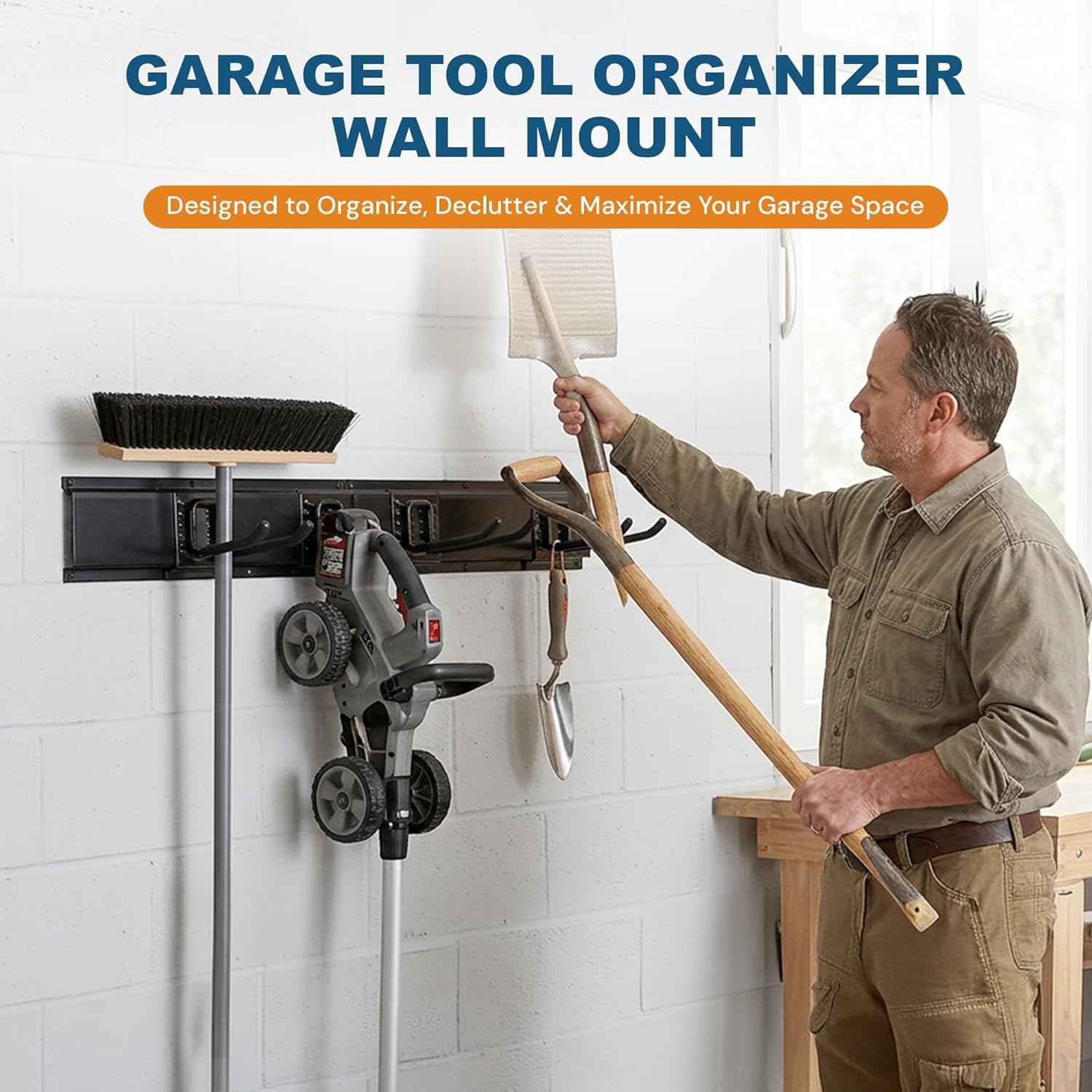 Garage Tool Organizer Wall Mount 80 Inch, Heavy Duty Tool Rack with 5 Racks & 10 Adjustable Hooks, Wall Mounted Garden Tool Storage for Garage, Shed, Holds Shovels, Brooms & Power Tools