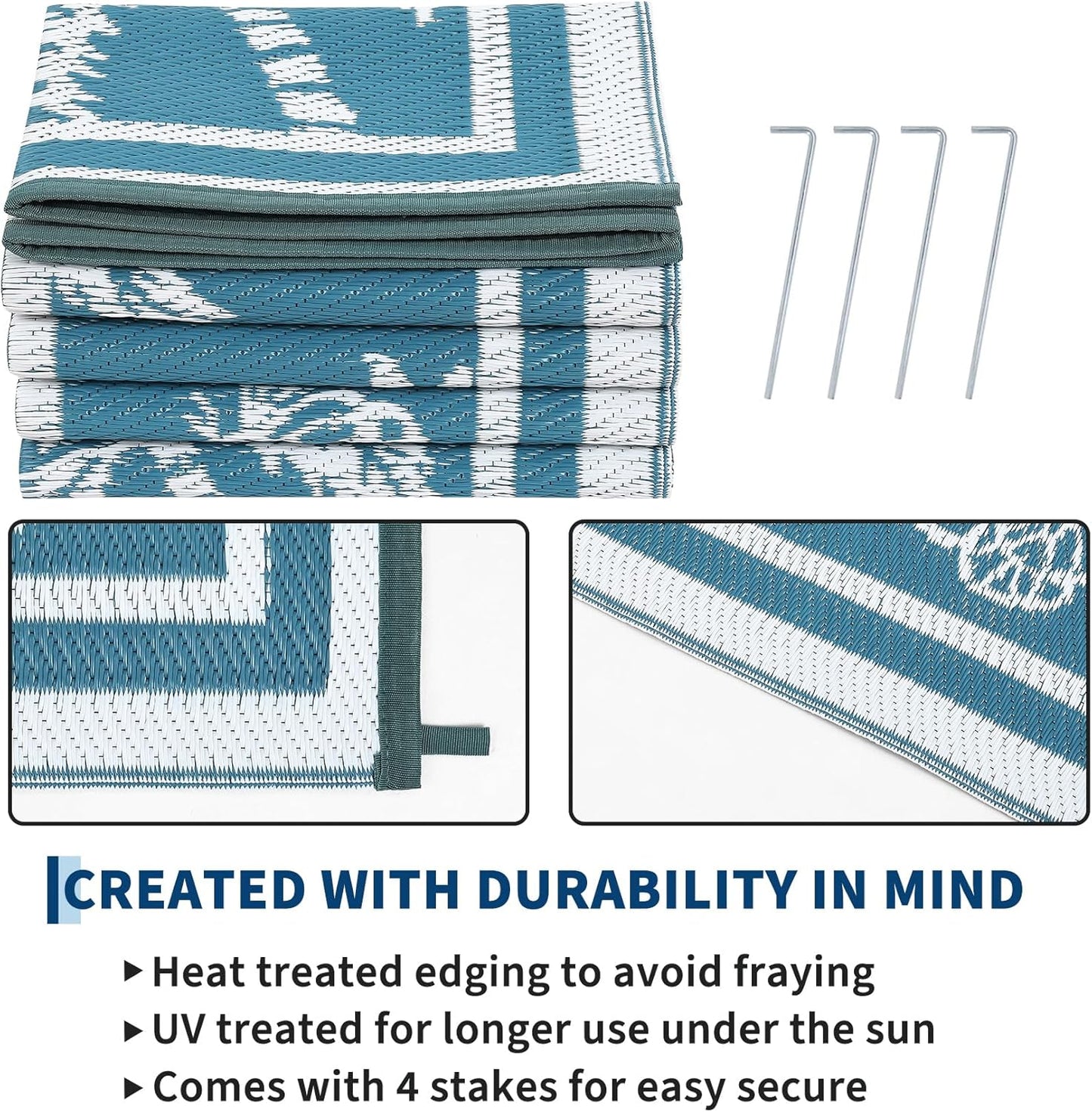 Garvee Outdoor Rug 5x8 Waterproof for Patios, Reversible Plastic Straw Rug, Tropical Leaf Indoor Outdoor Rugs, Large Area Rug for RV, Camping, Deck, Picnic Mat, Outside Carpet, Blue & White
