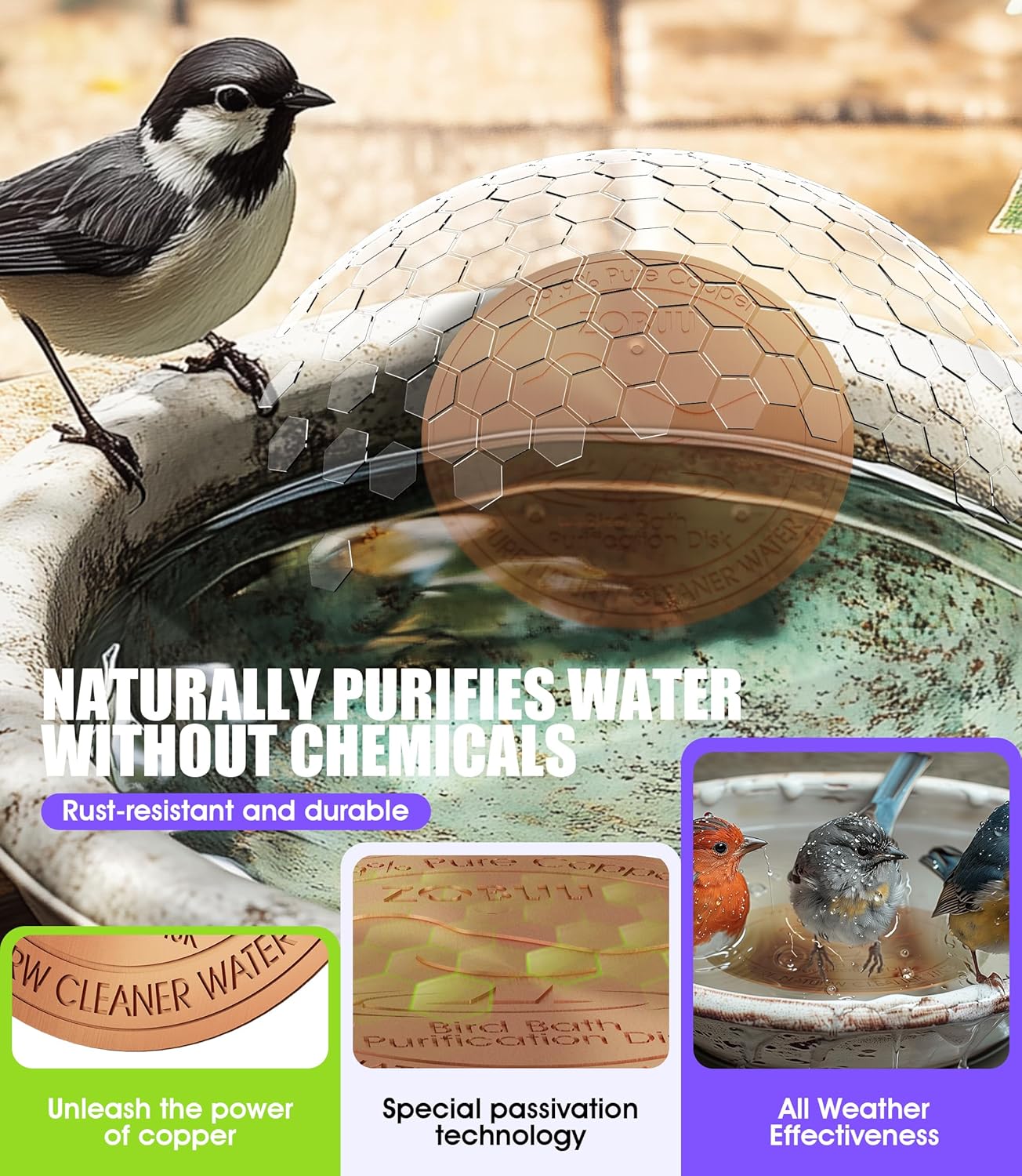 2 Pack Bird Bath Copper Disk, 0.6mm Thickness 99.9% Pure Copper Bird Bath Purification Disk with Triple-Point Support, Year-Round Use, Fits All Outdoor Bird Bath Bowl