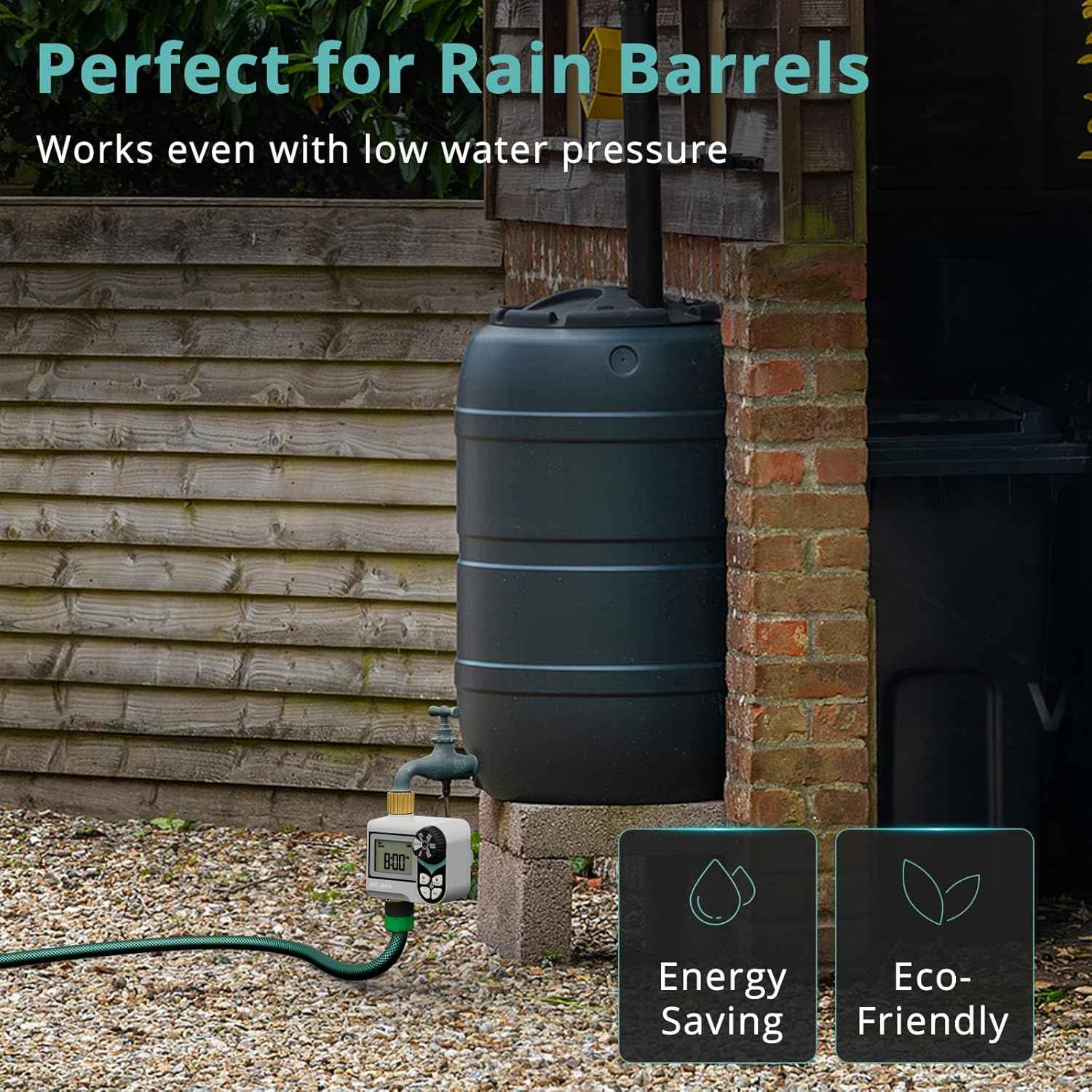 QUOBAS Zero Pressure Water Timer, Programmable Sprinkler Timer for Garden Hose Faucet with Brass Ports, Rain Delay/Manual/Automatic Irrigation System, Low Pressure Watering Compatible Rain Barrel