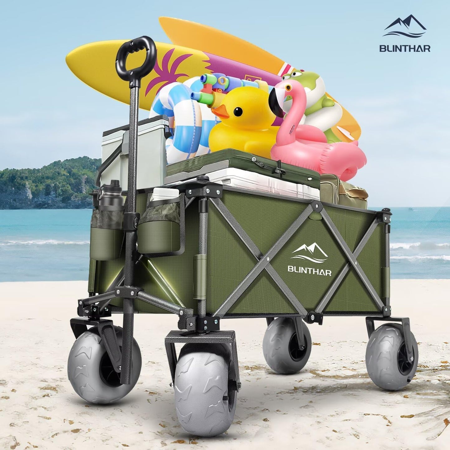 Beach Wagon with Big Wheels for Sand, Heavy Duty Collapsible Folding Wagon with All-Terrain 9" Pneumatic Tires & Drink Holders, Utility Wagon for Garden Sports Camping Outdoor Activities