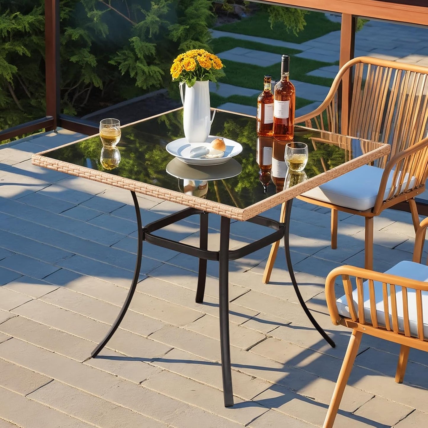 ECOTOUGE 35.2" Square Patio Table, Outdoor Wicker Dining Desk with Tempered Glass Top for 4-5 Persons, Bistro Rattan Furniture Garden Table for Balcony, Backyard, and Sunroom - Black Metal Steel Slat