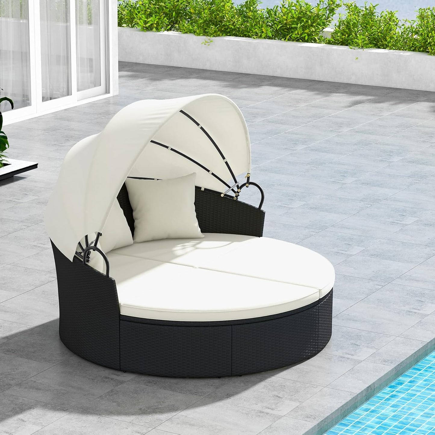 RELAX4LIFE Round Outdoor Daybed with Canopy - Wicker Rattan Sectional Sofa Sunbed w/Cushions & 3 Pillows, Clamshell Conversation Lounger Separated Seating Set for Garden Porch, Patio Day Bed (Beige)