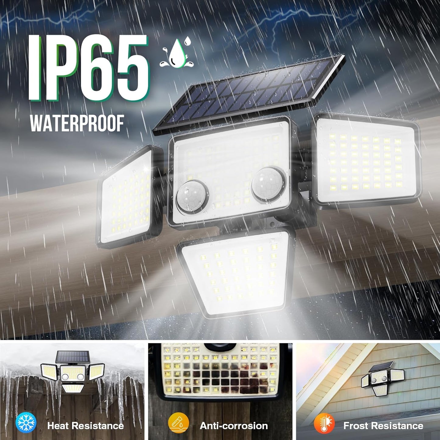 Solar Outdoor Lights - 3000LM 188 LED Motion Sensor Outdoor Lights, 4 Heads Security Light,IP65 Waterproof, Easy Install,270°Wide Angle Flood Wall Light with 3 Modes for Backyard Yard (2 Pack)