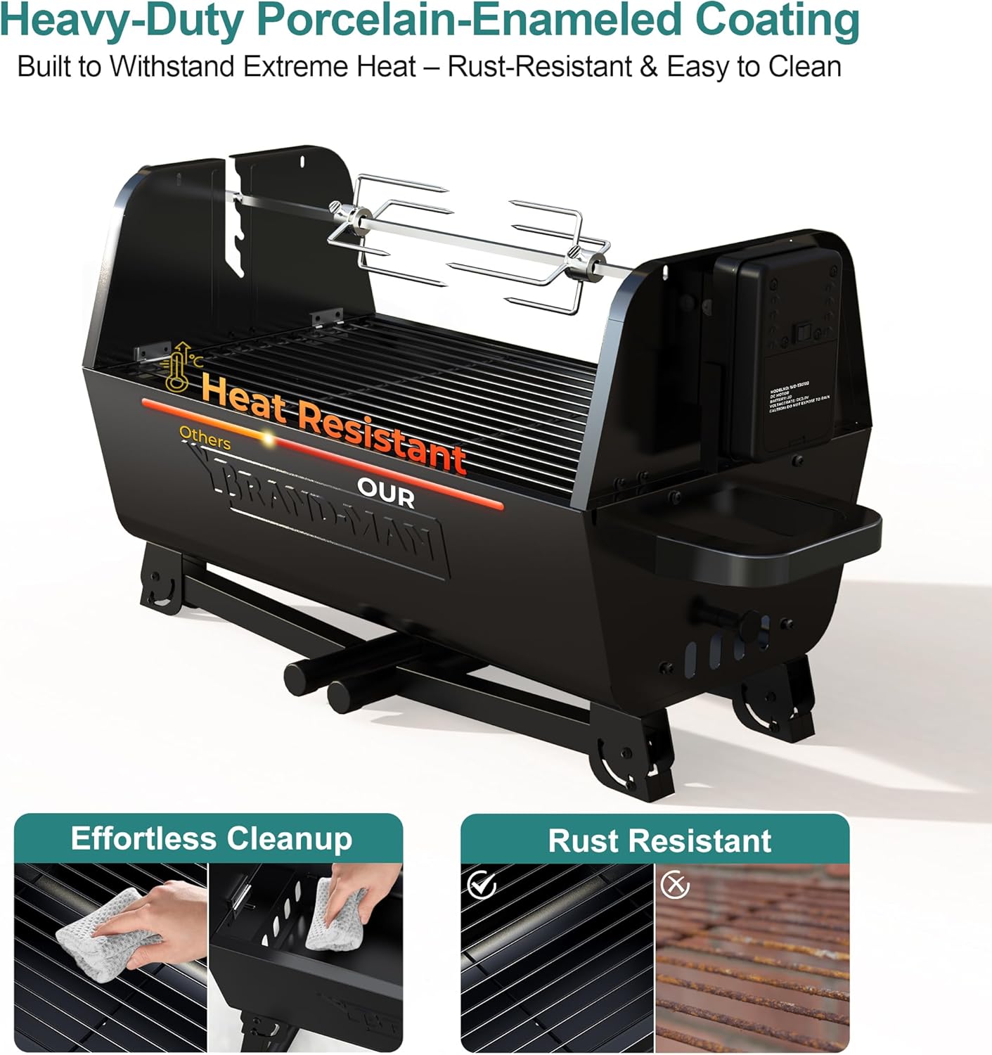 Brand‑Man 2‑in‑1 Charcoal BBQ Grill with Motorized Rotisserie – Portable, Foldable Grill, 257 sq in Outdoor BBQ Grill for Camping & Tailgate, Adjustable Height, Dual Vents