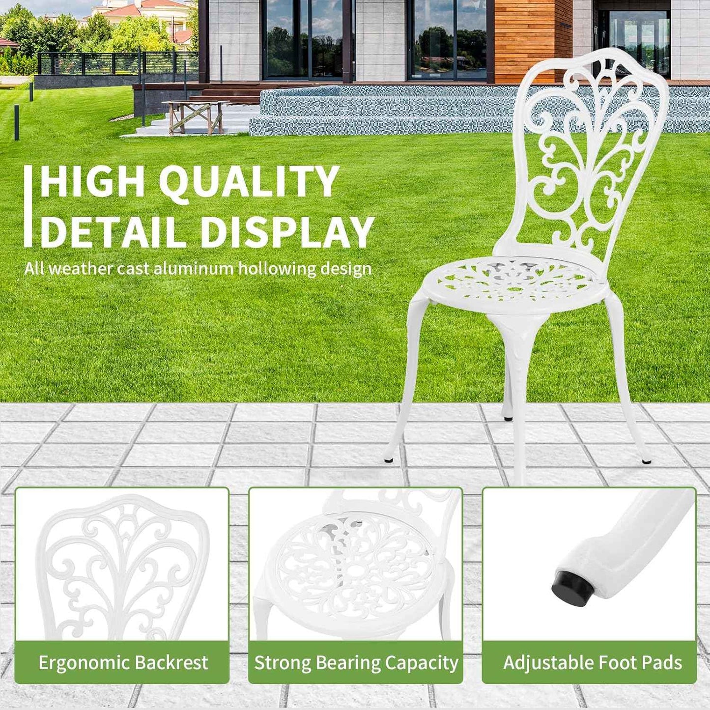 Patio Bistro Sets, Cast Aluminum Bistro Table and Chairs Set of 2 with Umbrella Hole, Bistro Set 3 Piece Outdoor, Metal Patio Furniture Set for Garden Porch, White