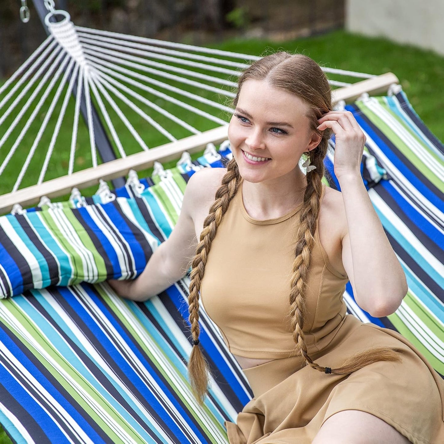 SUNCREAT 2 Person Hammocks for Trees, Lightweight Hammock for Outdoor, Patio, Garden, Backyard, Green Stripes