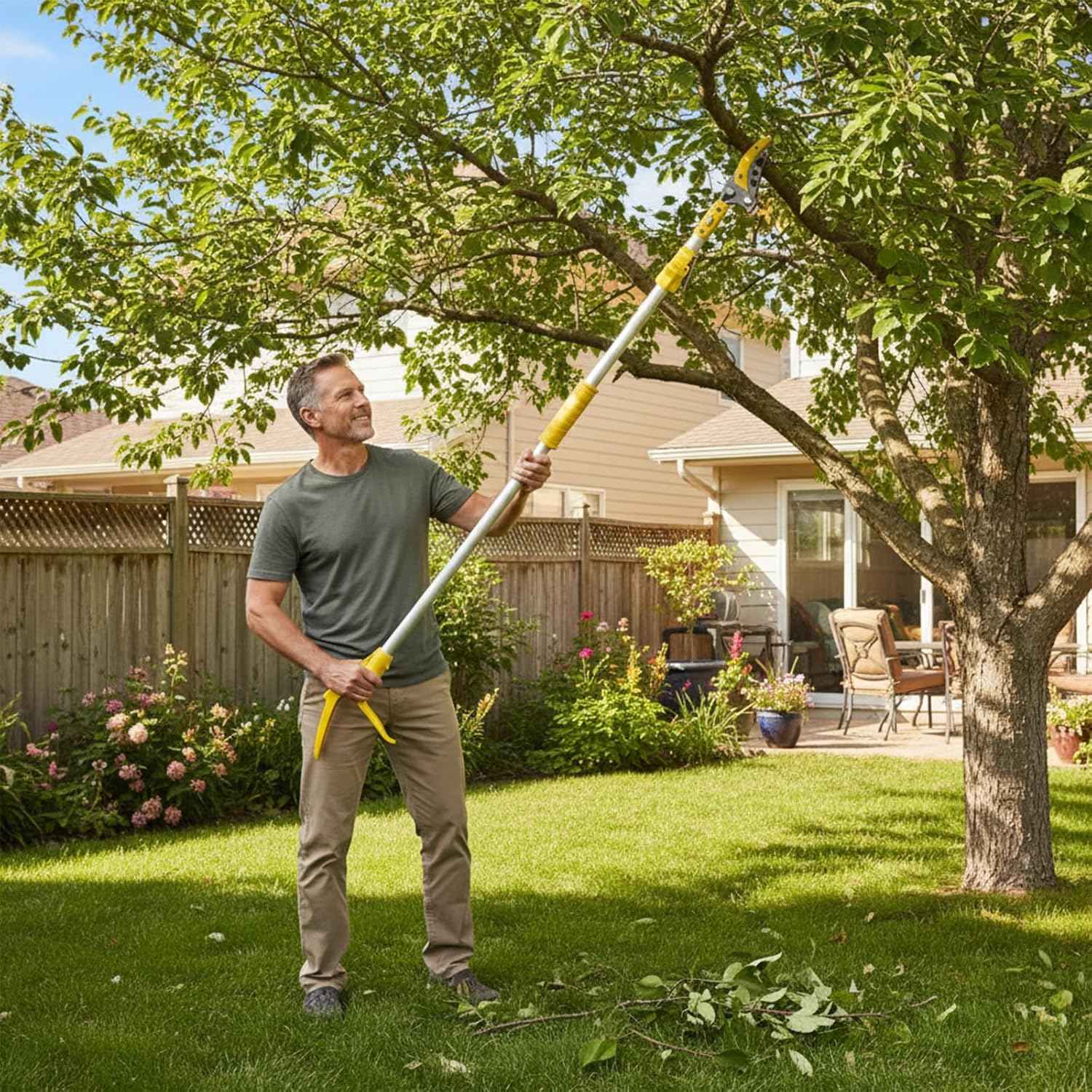 Telescopic Pole Pruner and Fruit Picker for Garden | Cuts Branches Up to 1 Inch | Rotating & Locking Head | Lightweight Aluminum Extendable Handle (3.28 to 5.25 FT)，Yellow
