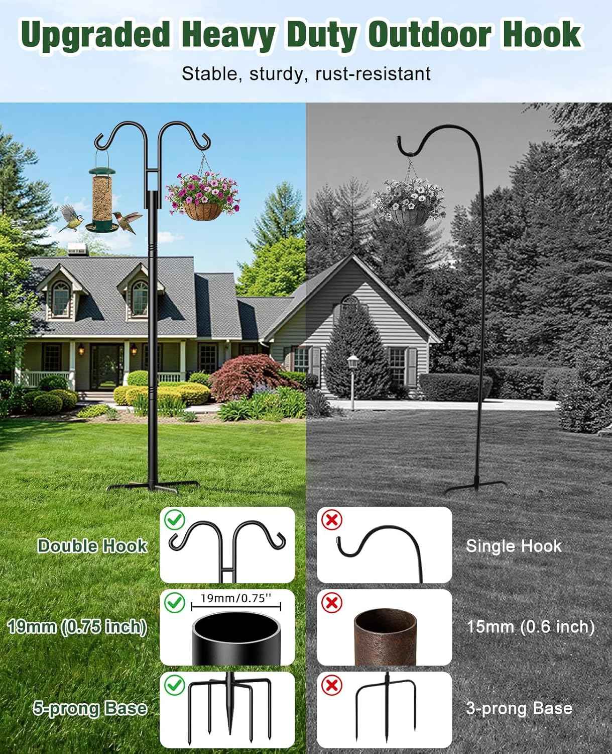 Double Shepherds Hooks, 76 Inch Bird Feeder Pole with 5-Prong Base, 3/4 Inch Thick Heavy Duty Adjustable Garden Hooks for Hanging Plants, Hummingbird Feeder, Solar Lights, Lantern Outdoor Garden Decor